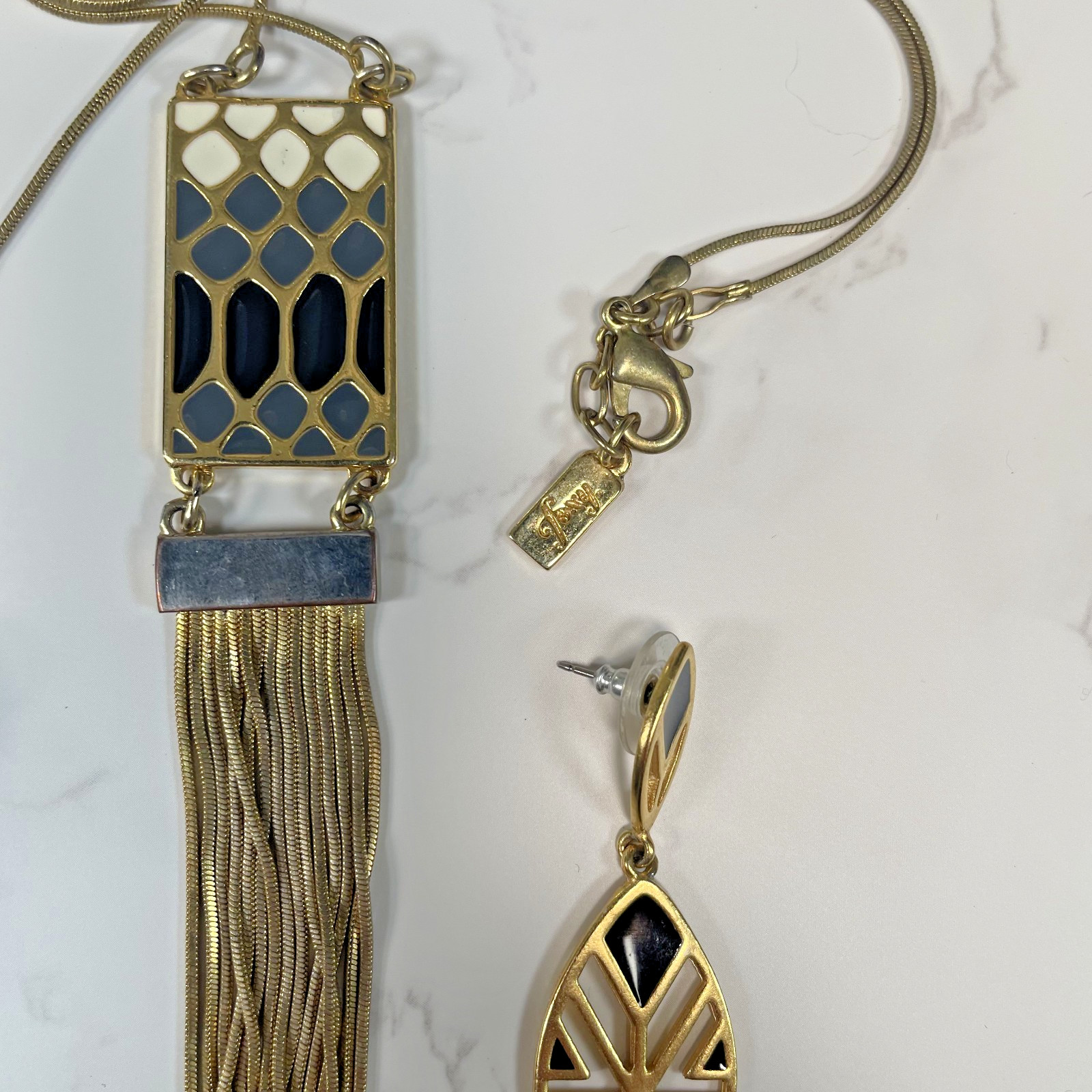 Foxy Made in Canada Gold Tone Multi Color Enamel & Fringe Pendant & Earrings Set