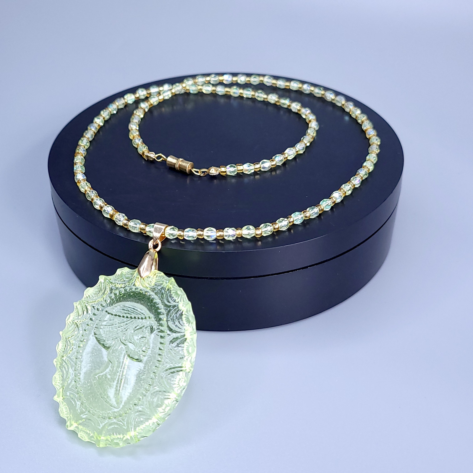 Uranium Glass Necklace 23” Cameo Pendant Vaseline Yellow Czech Beads