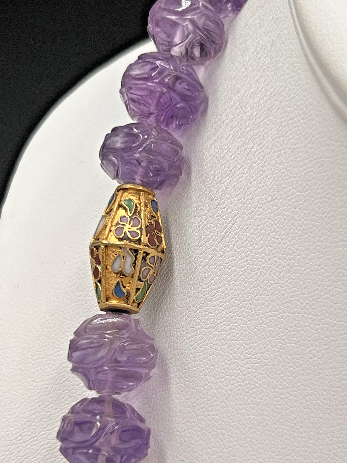 Vtg Chinese Carved Amethyst Bead & Gold Cloisonne Necklace, 168 grams, 30″ Long