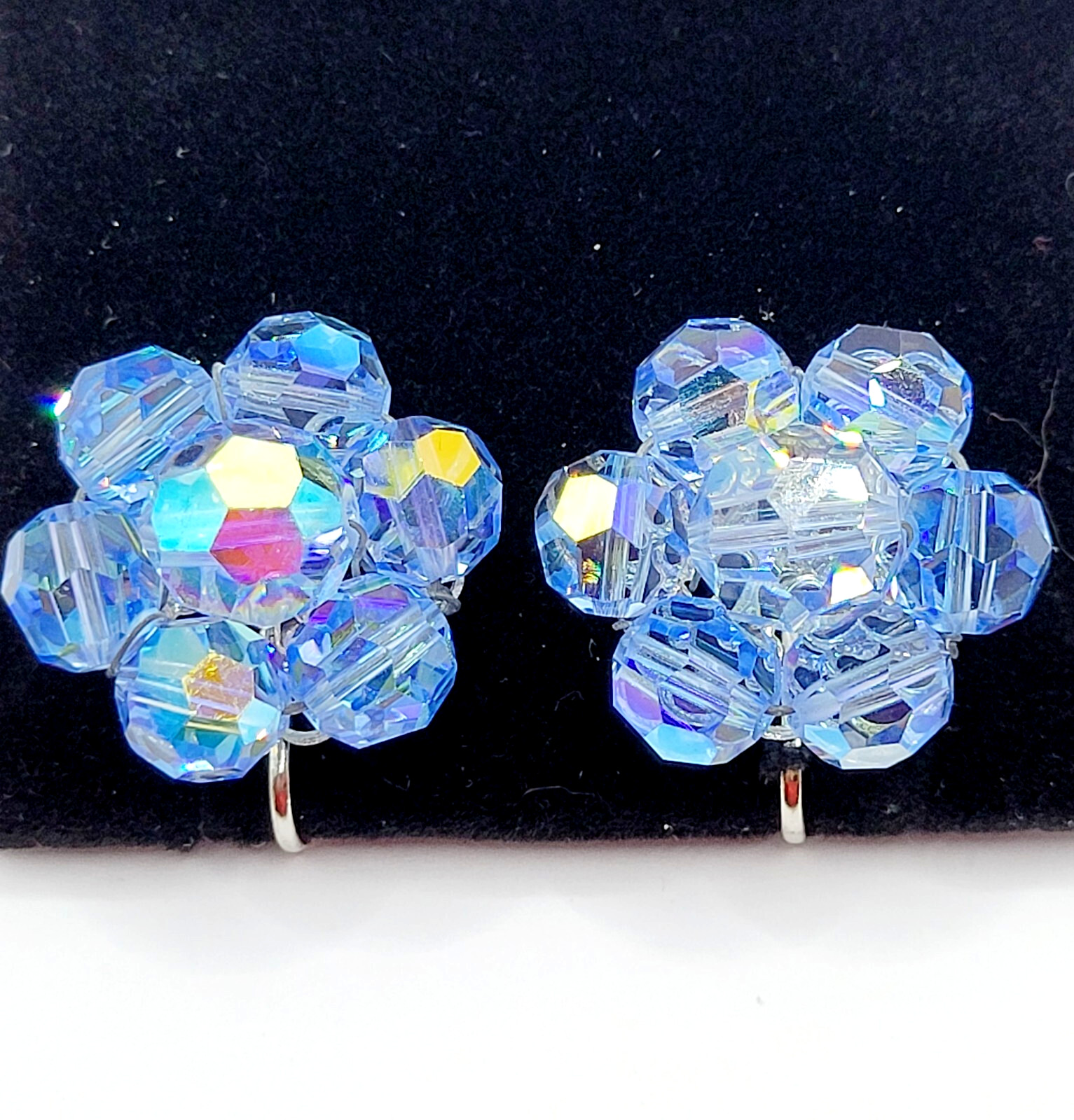 Light Blue Faceted Crystal Bead Cluster Sparkling Fancy Vintage Clip On Earrings