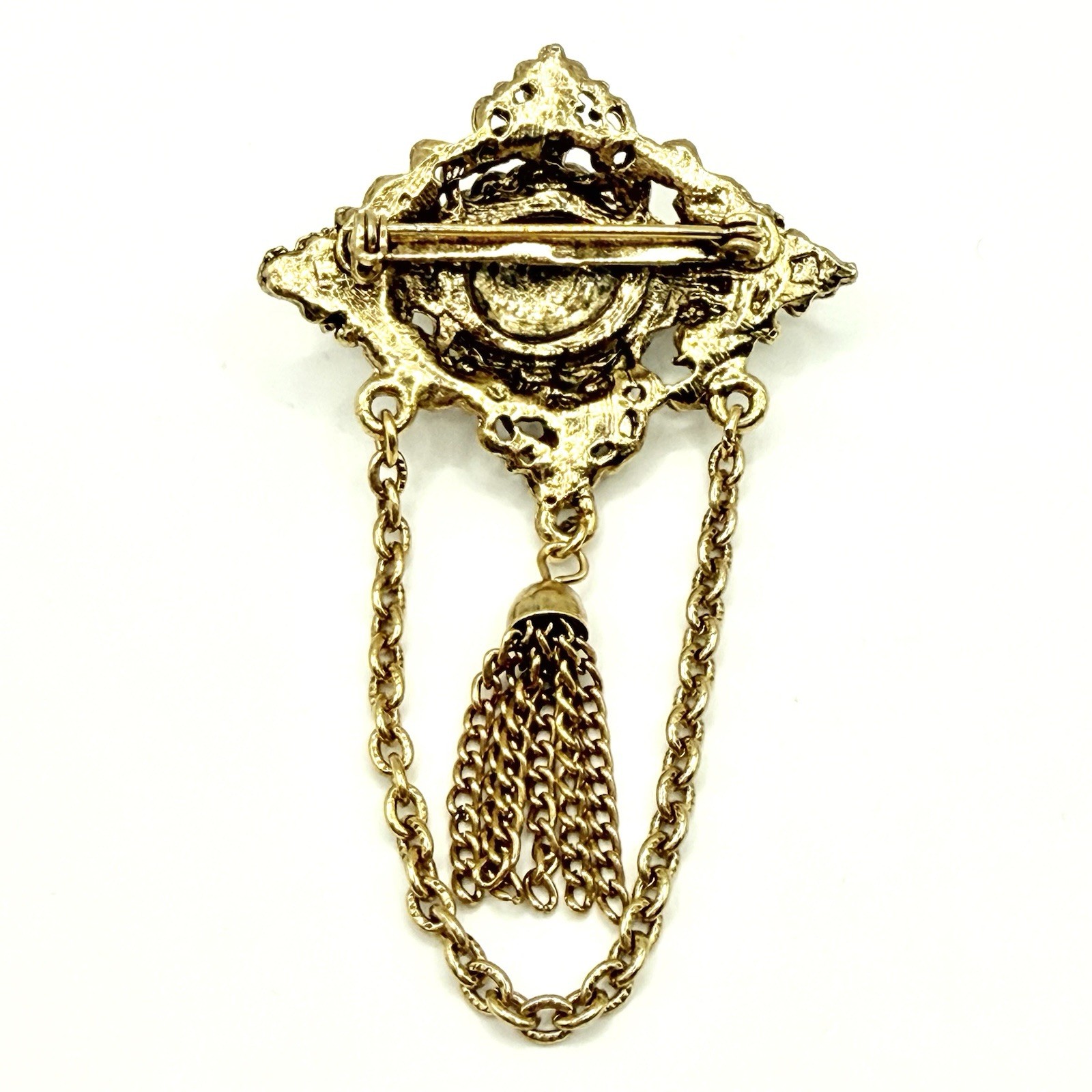 Vtg Goldtone Brooch Pin Victorian Style Faux Pearl Dangling Charm Chain Q