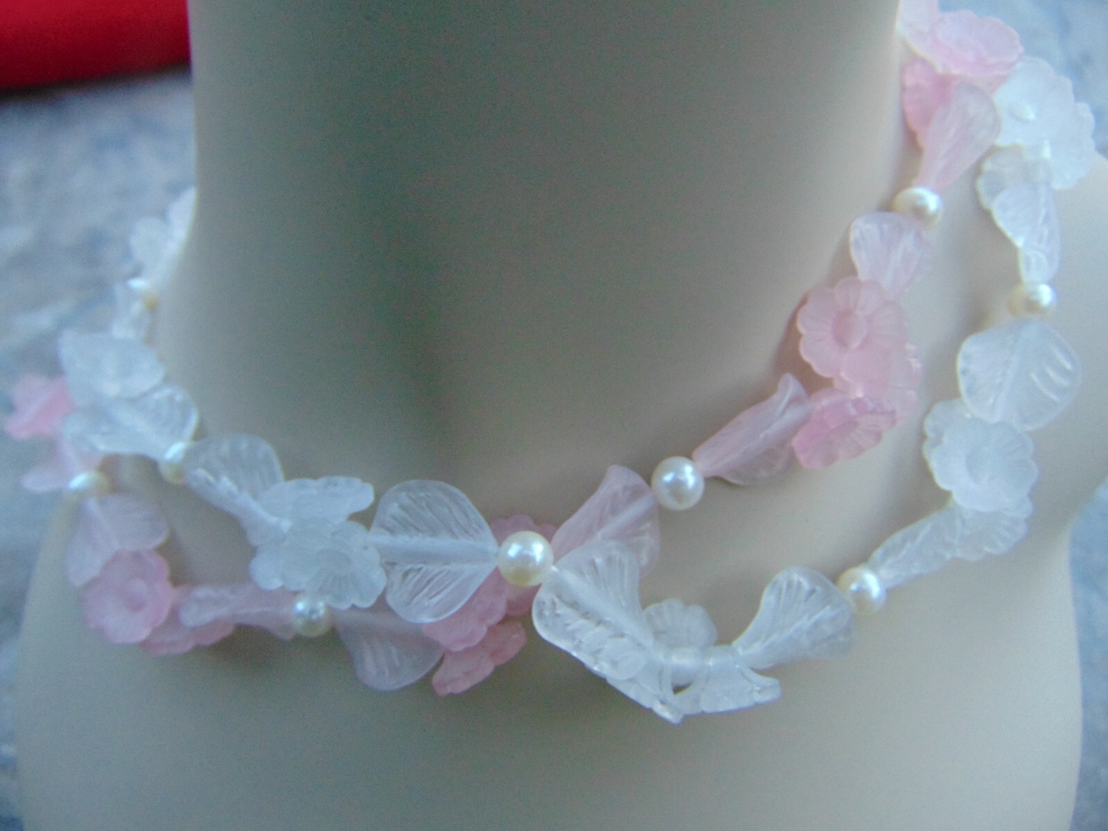 2 VINTAGE NECKLACES!~FROSTED PLASTIC FLOWERS, LEAVES, PEARLS~ GOLD BARREL CLASPS