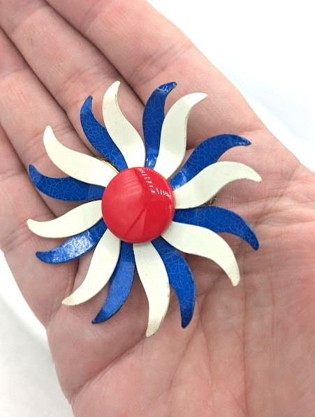 Vintage Red White Blue Enamel Flower Brooch Patriotic Americana Pin
