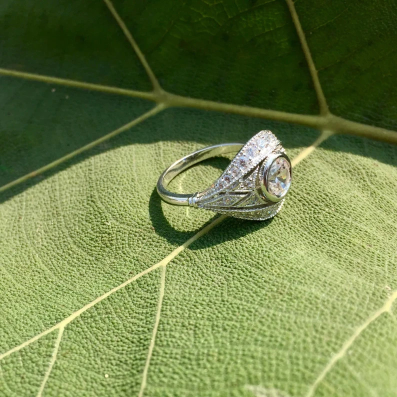Art Deco Style Lab Created Diamond Bezel Set 14K White Gold FN Engagement Ring