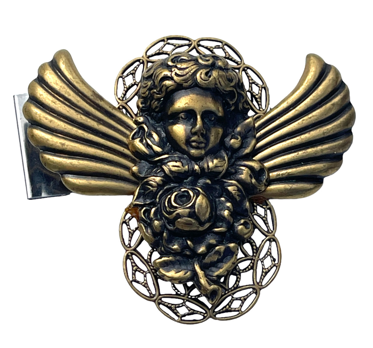 VTG Christmas Angel Brooch Rose Filigree Wings Cabochon Antique Gold Tone Pin