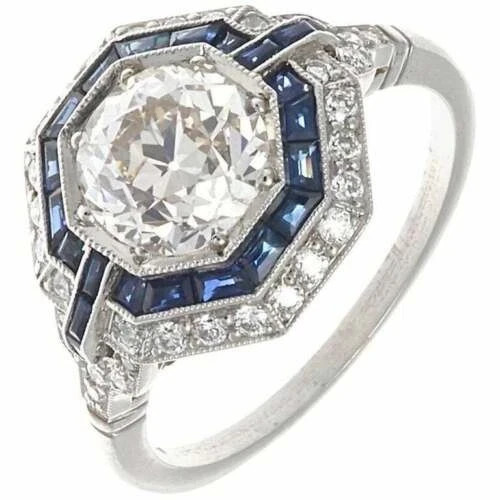 14K Gold FN 3.54CT Art Deco Sapphire Halo Lab Created Diamond Ring Vintage Style