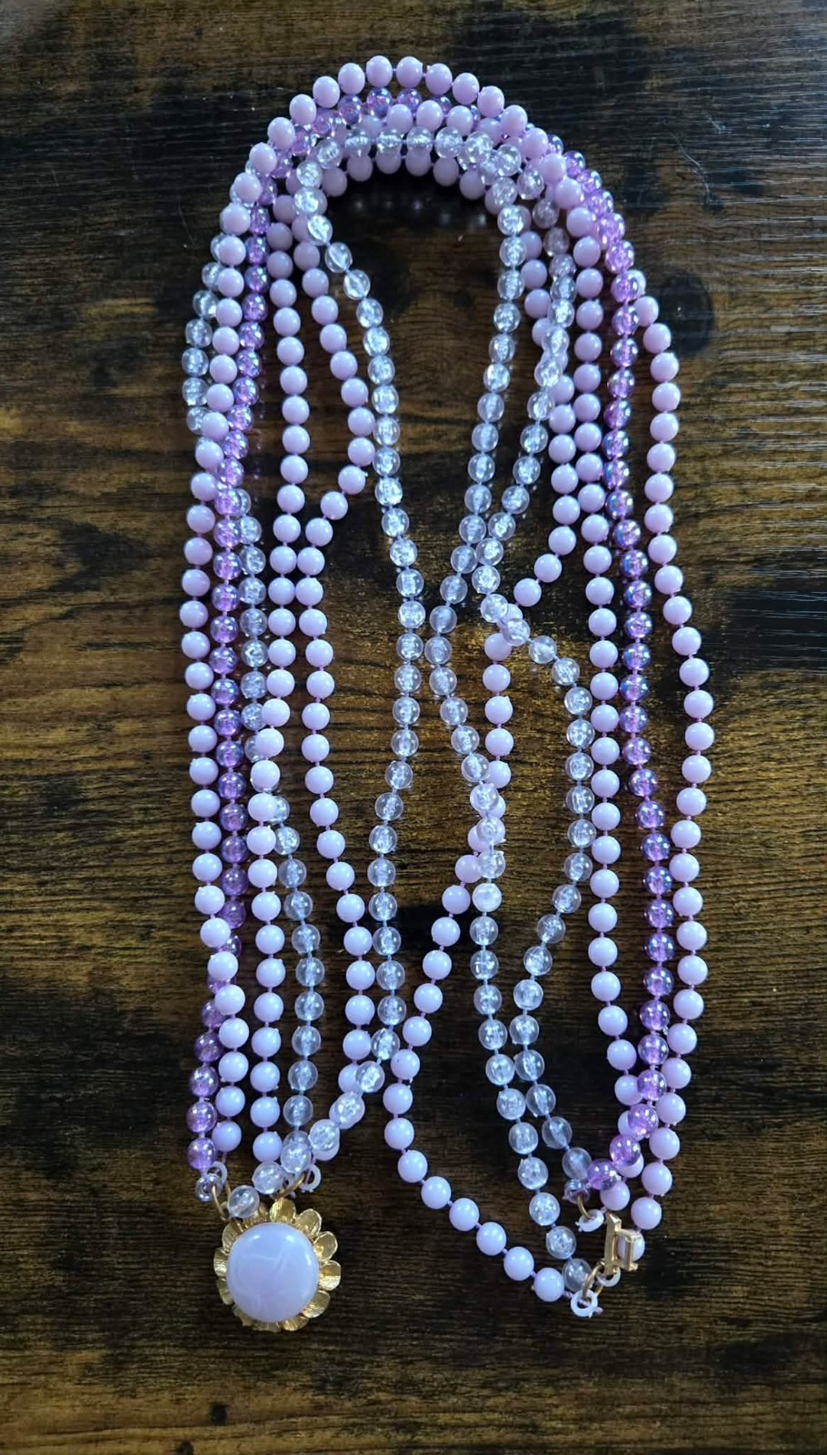 1960s 3 Stranded Handmade Purple Beaded Necklace Long Acrylic Beads Vintage