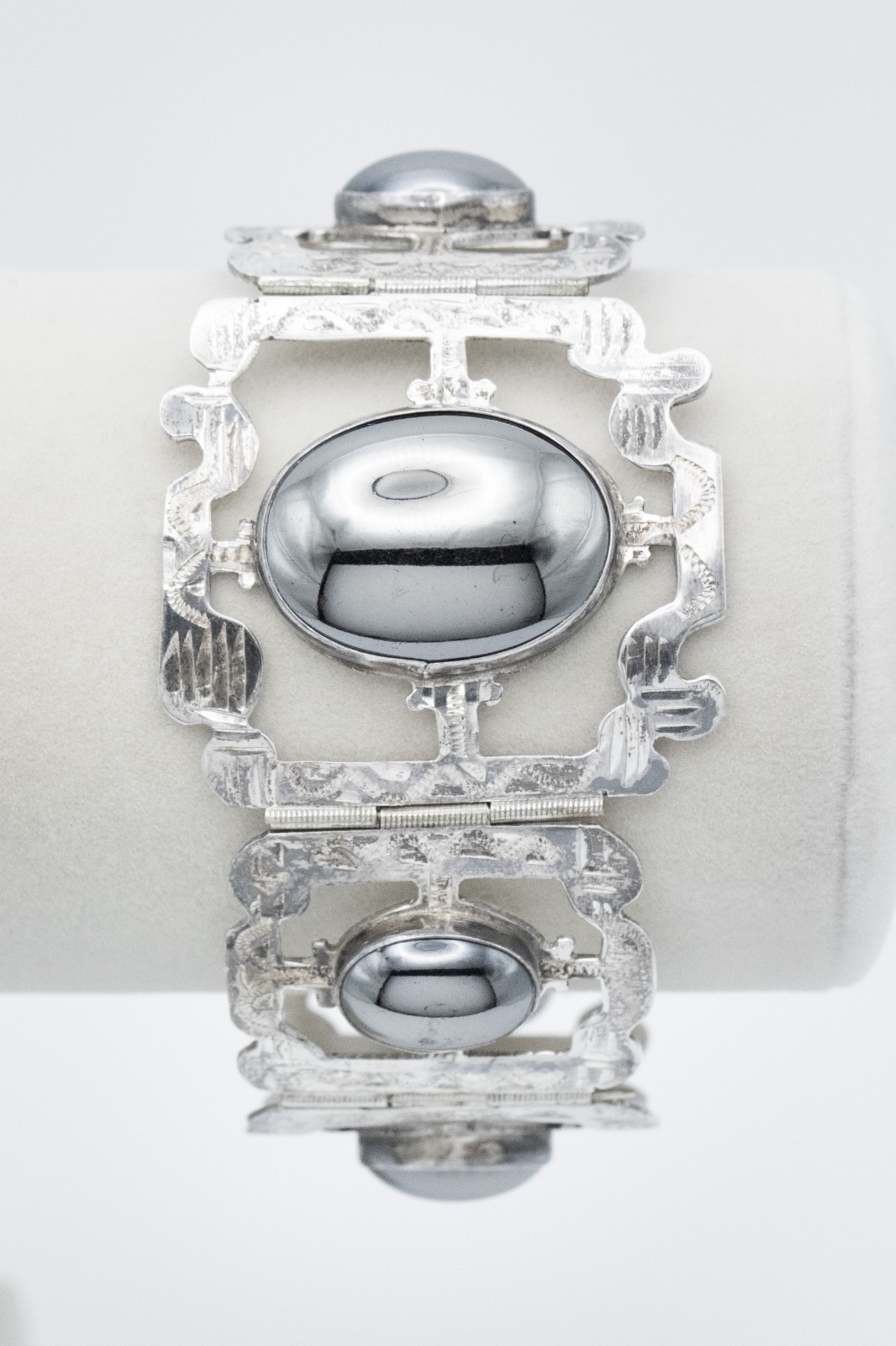 Vintage Mexican Sterling Silver Hematite Panel Link Statement Bracelet 925 53 gr