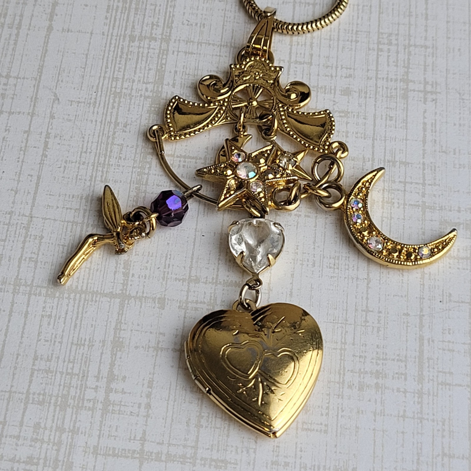 Kirks Folly Celestial Necklace Moon Star Heart Locket Fairy 30″ READ