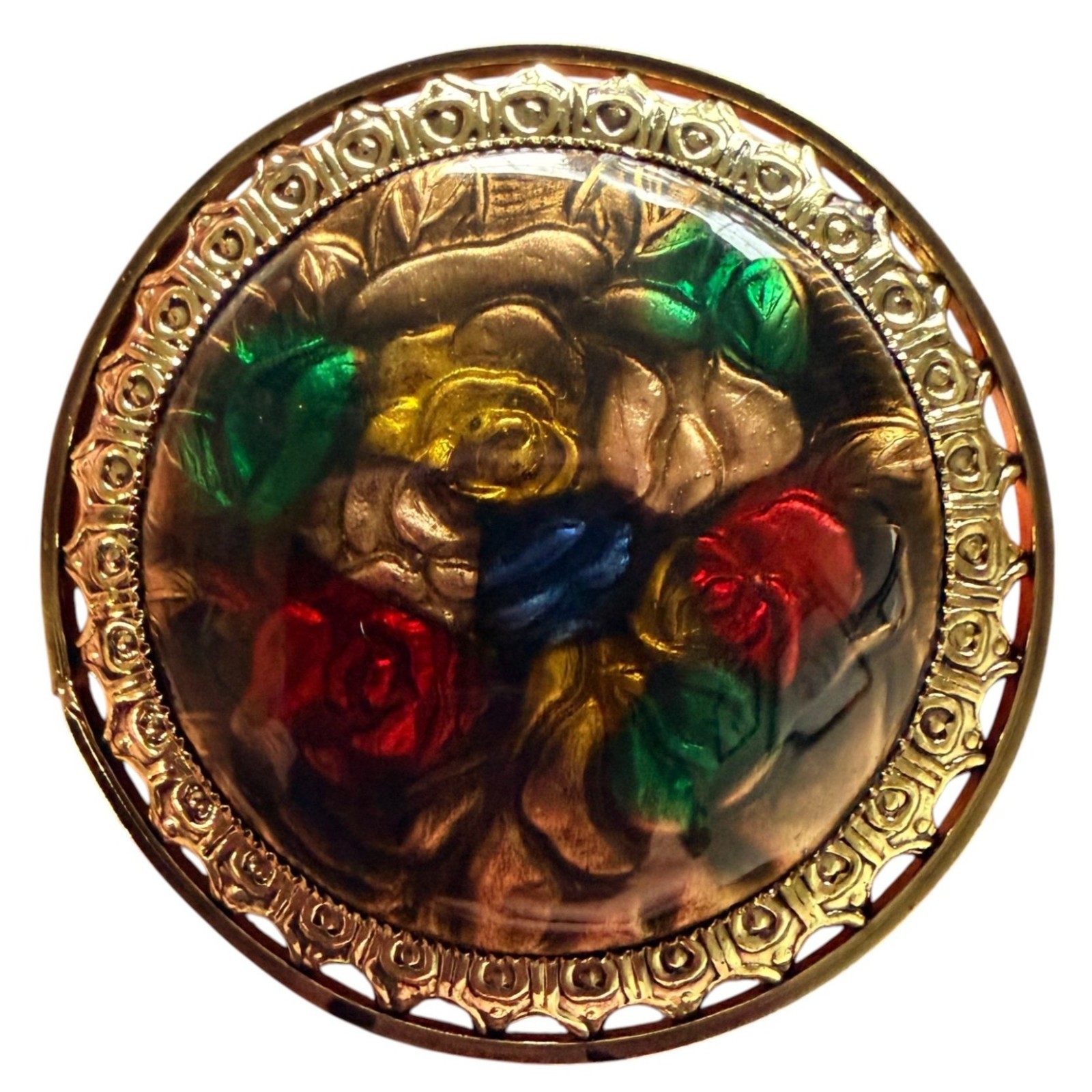 Vintage Reverse Carved Lucite Brooch Gold Tone Floral Pin 1950s New Old Stock