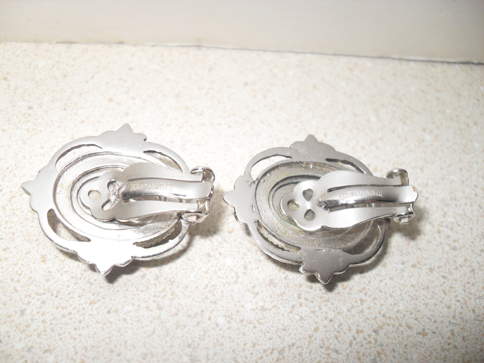 Vintage Whiting & Davis Co. Silver Tone Hematite Oval Clip On Earrings Classic