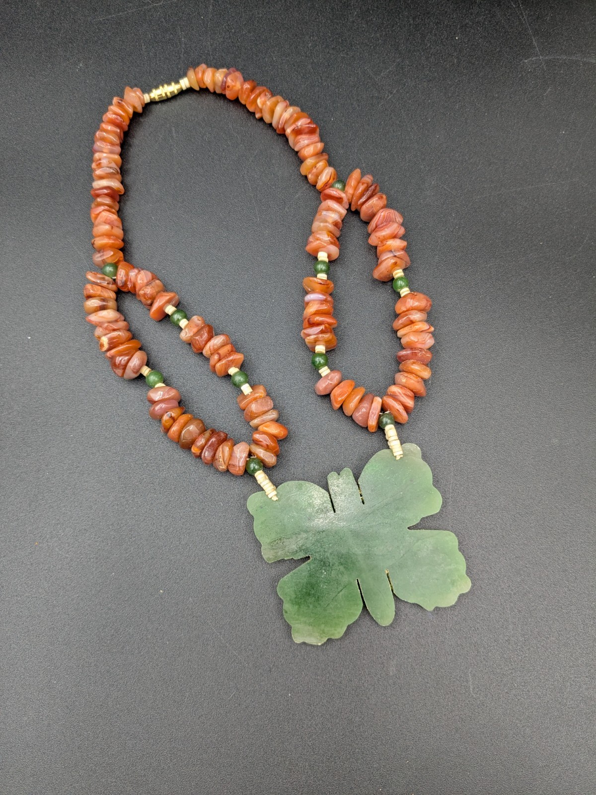 Vintage Jade and Carnelian Butterfly Pendant Statement Necklace