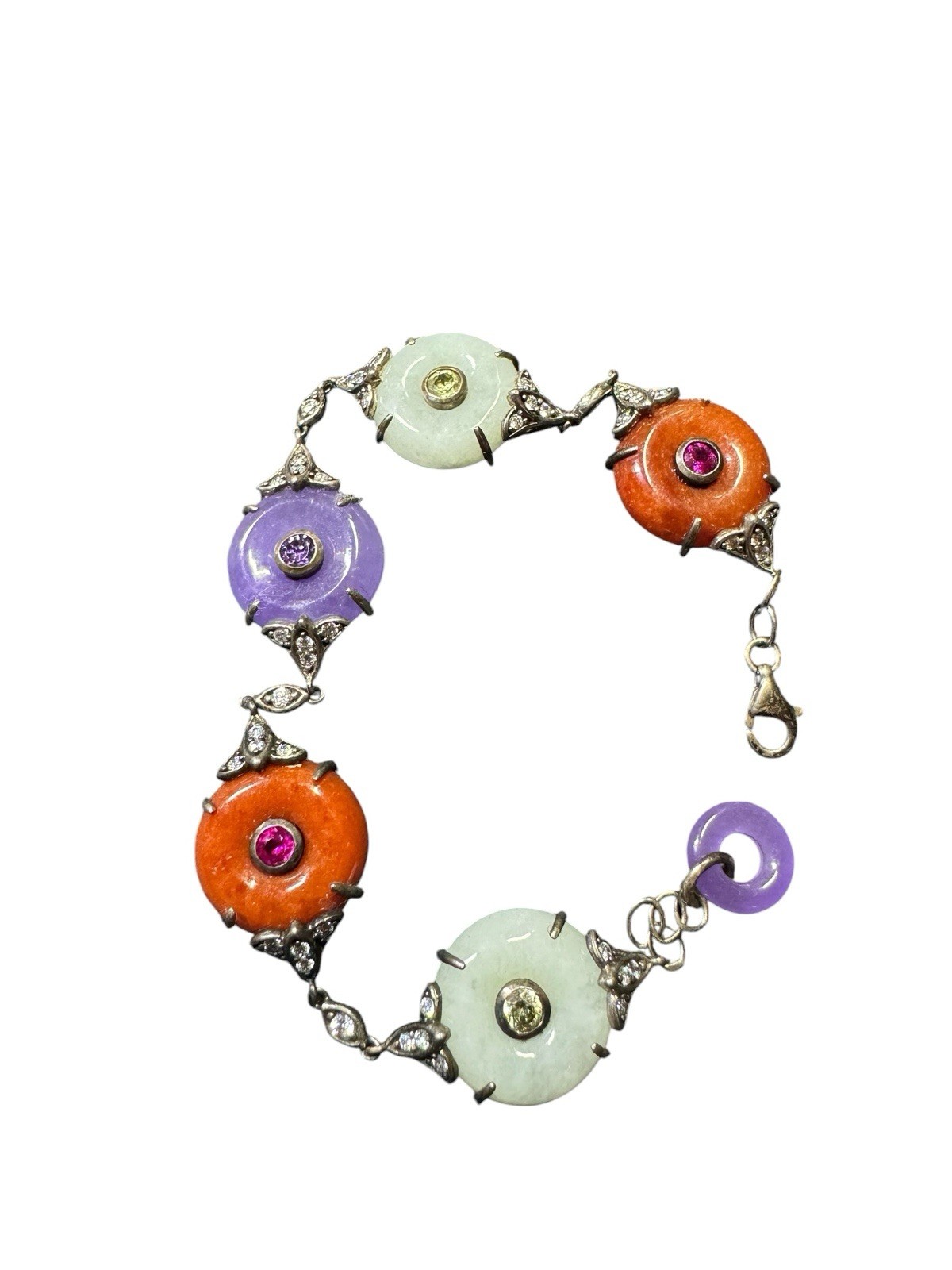 Vintage Art Deco Czech Glass Bracelet Multi Color Silver 925 Purple Red White