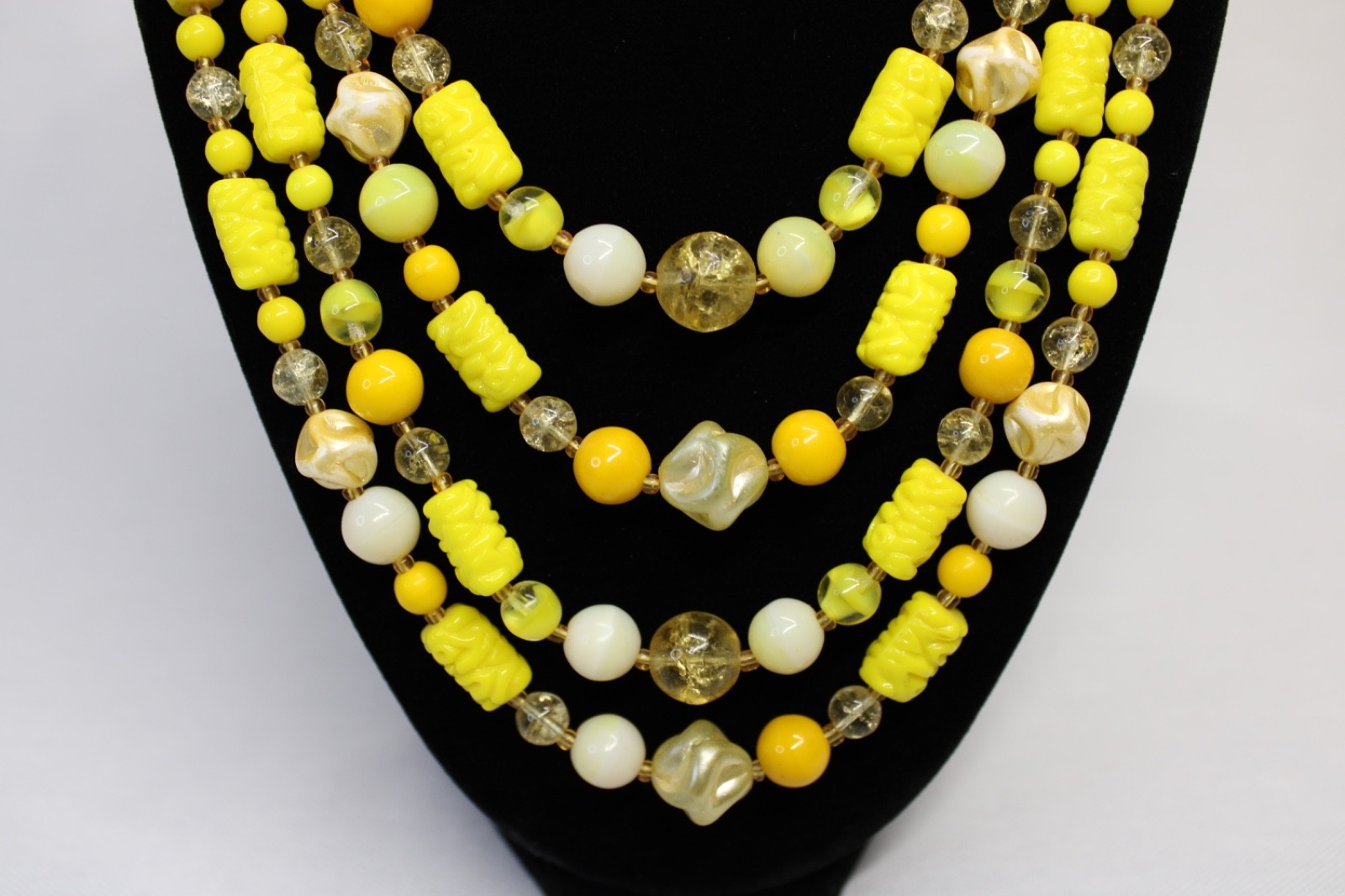 Vintage Yellow Multi Strand Beaded Necklace Earrings Set Art Deco Czech Style
