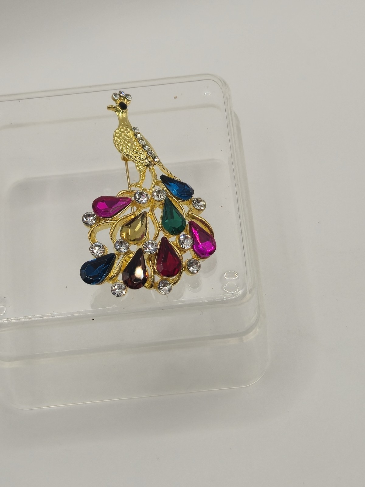 Multi-Colored Rhinestone And Glass Peacock Brooch Unbranded
