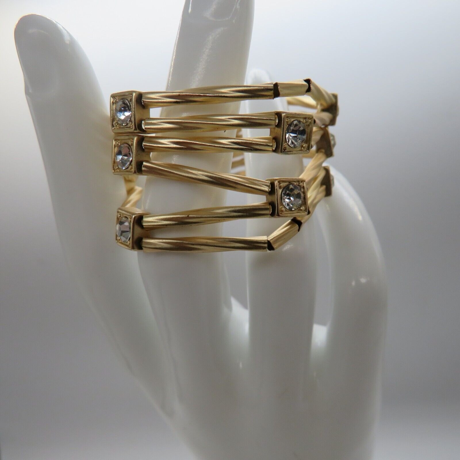 Brushed Gold Tone Stretch Bracelet Six Multi Strand Square Rhinestone Encrusted