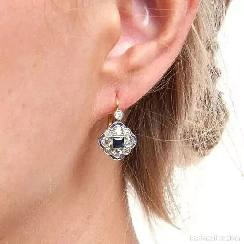Art Deco Style Lab Created Sapphire Diamond Wedding 14K White Gold FN Earrings