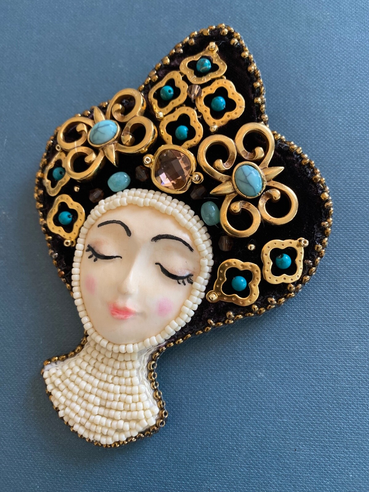 Brooch Art Doll Princess Beaded Turquoise