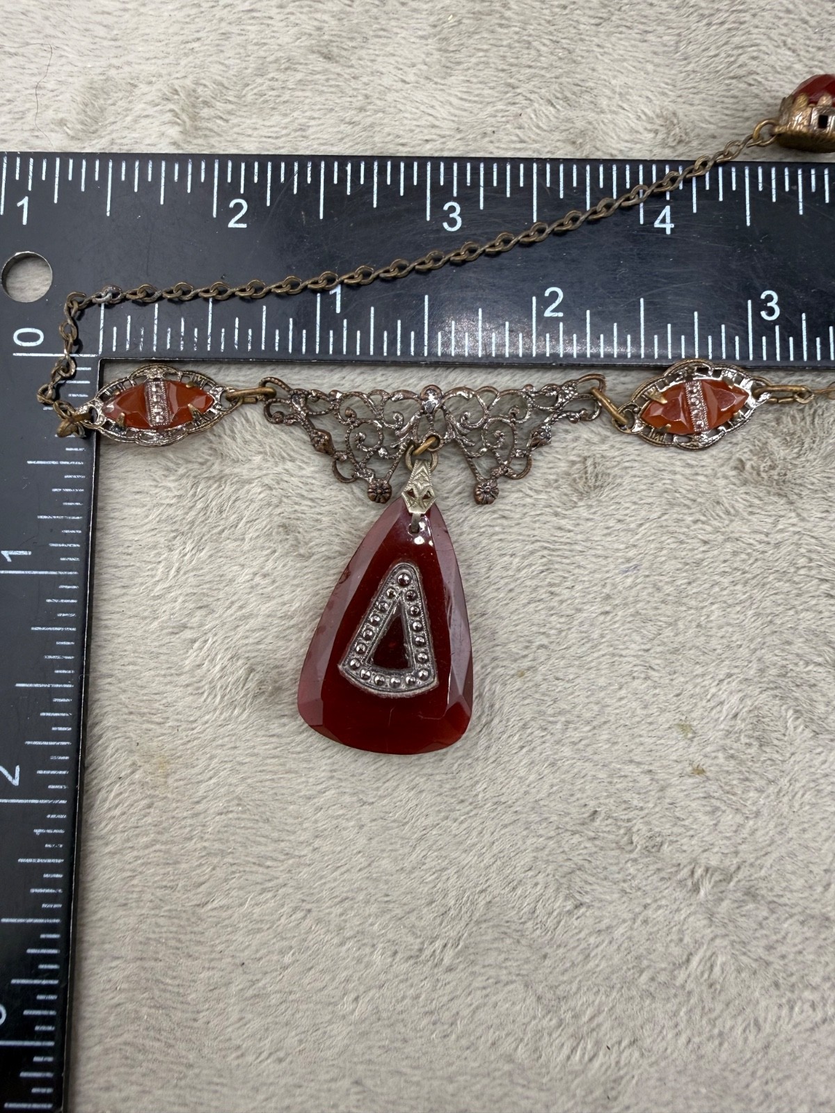 Vintage Art Deco Necklace Lavalier Red Glass Rhinestone 12” SHORT