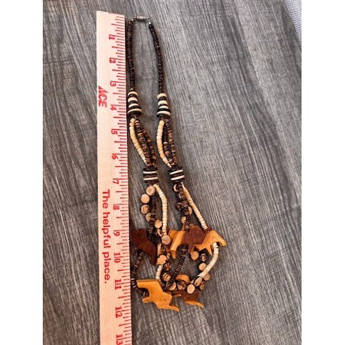 Vintage 70s Wooden Elephant Necklace Multi Strand Coconut Shell Bead Boho Brown