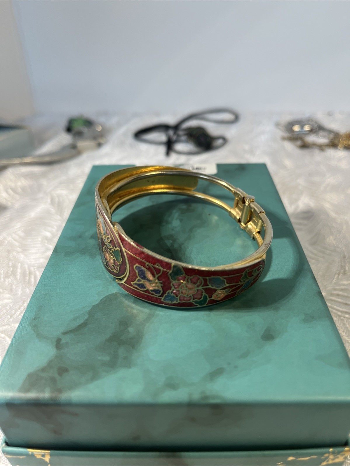 Vintage Red Hinged Cloisonne Bracelet Clamper Butterflies & Flowers