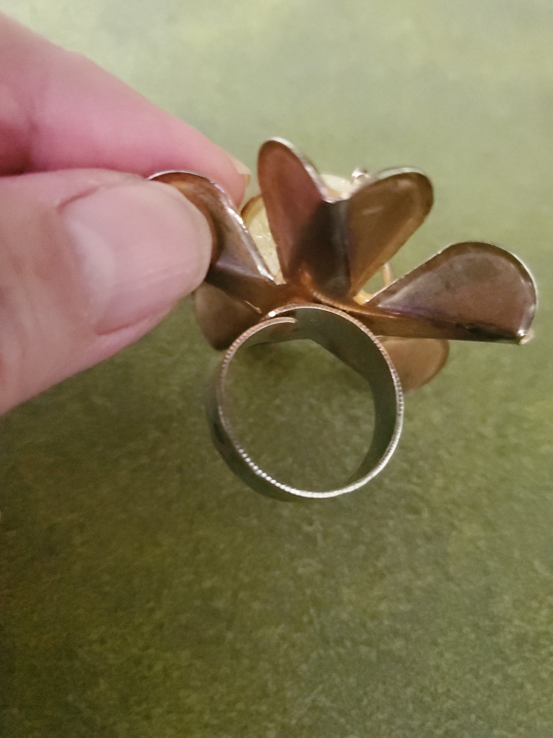 Goldtone Yellow Enamel Quartz Stone Center Flower Ring ~ Adjustable Size