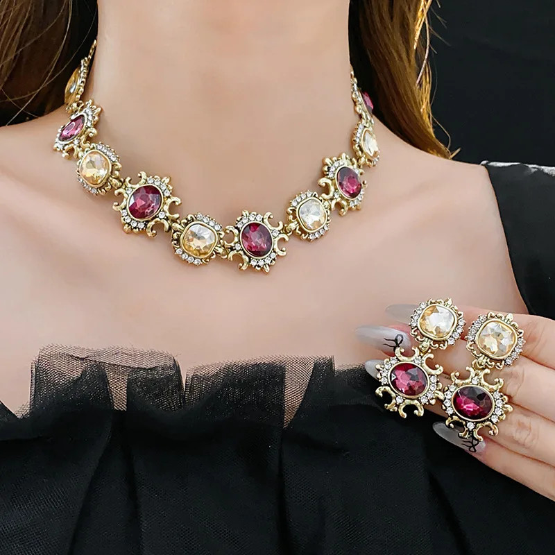 Vintage Purple Rhinestone Necklace Drop Earrings for Women Palace Style
