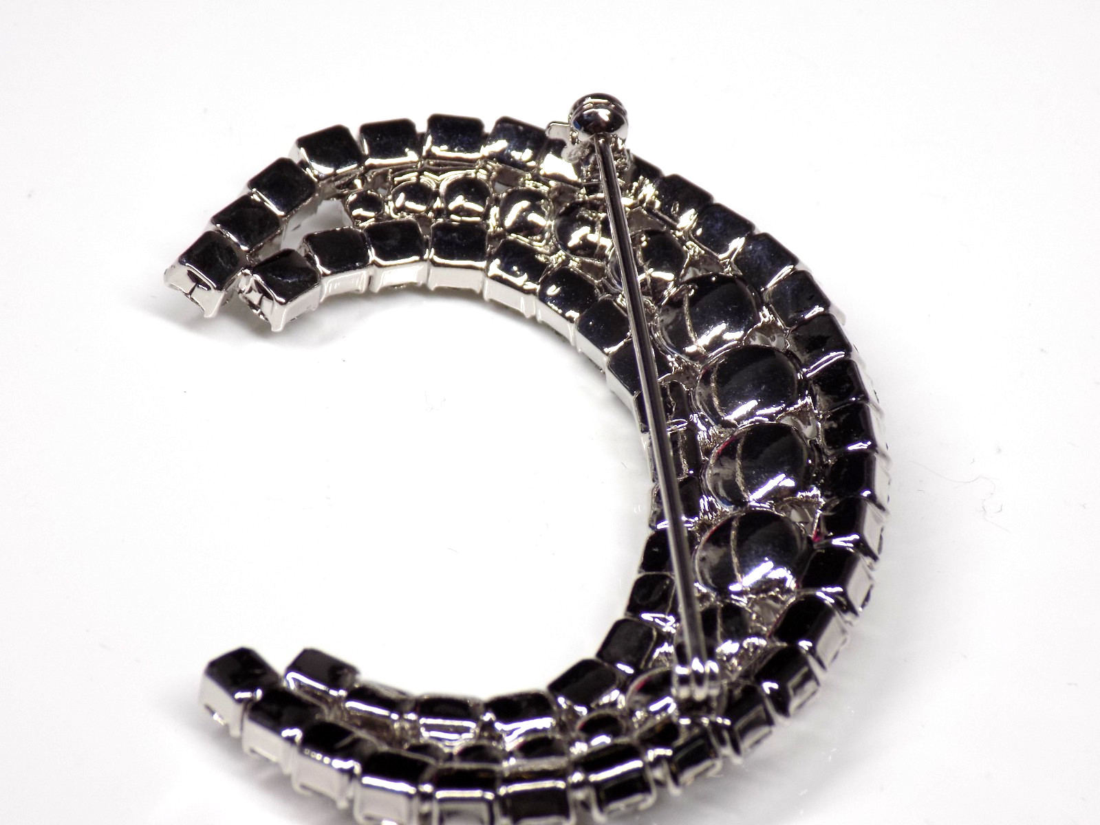 Vintage Big Rhinestone Brooch White Colorless Stones Silver-tone Crescent Moon