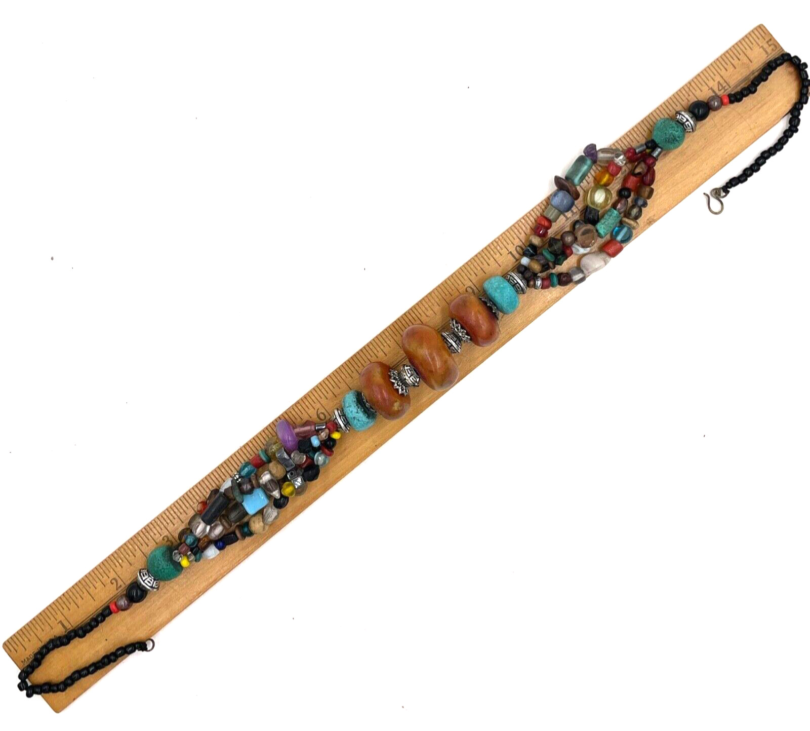 ETHNIC AFRICAN AMBER TRIBAL BERBER NECKLACE HAND-MADE GLASS BEADS BRONZE METAL R