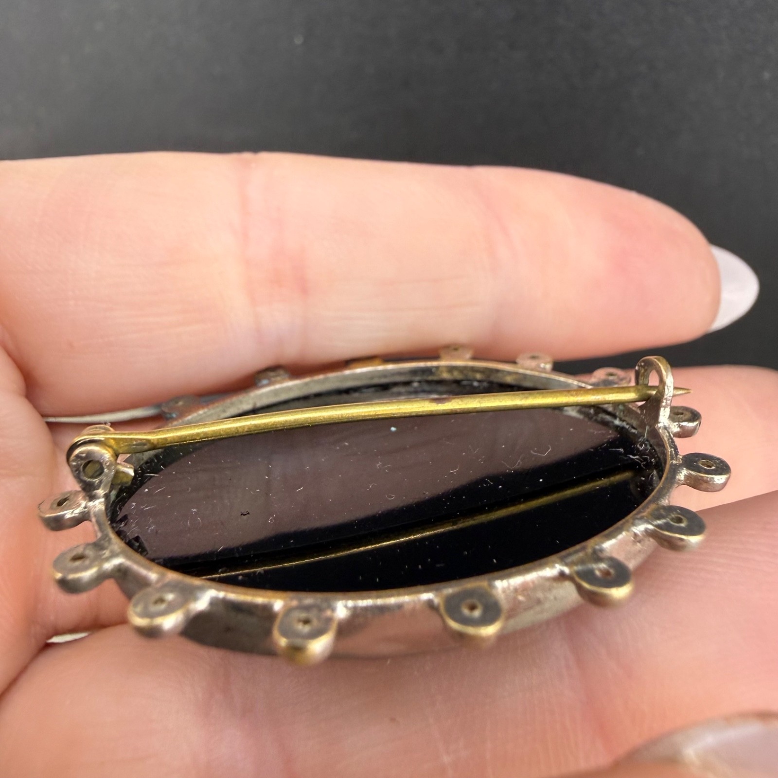 Vintage Rhinestone Brooch Black Silver Tone READ