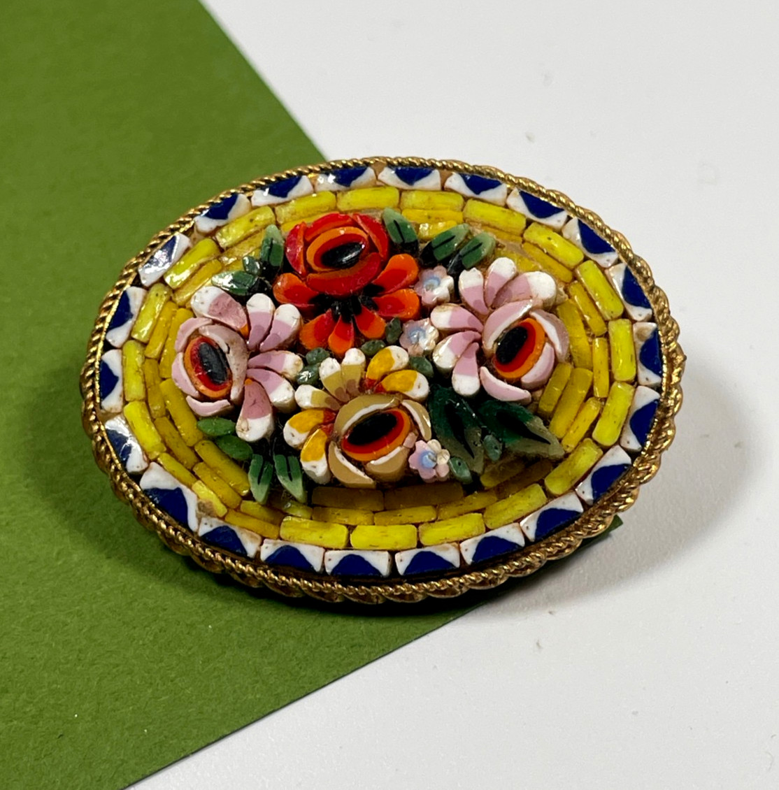 Vintage Italian Micro Mosaic Pin Brooch Flowers Roses Jewelry Italy
