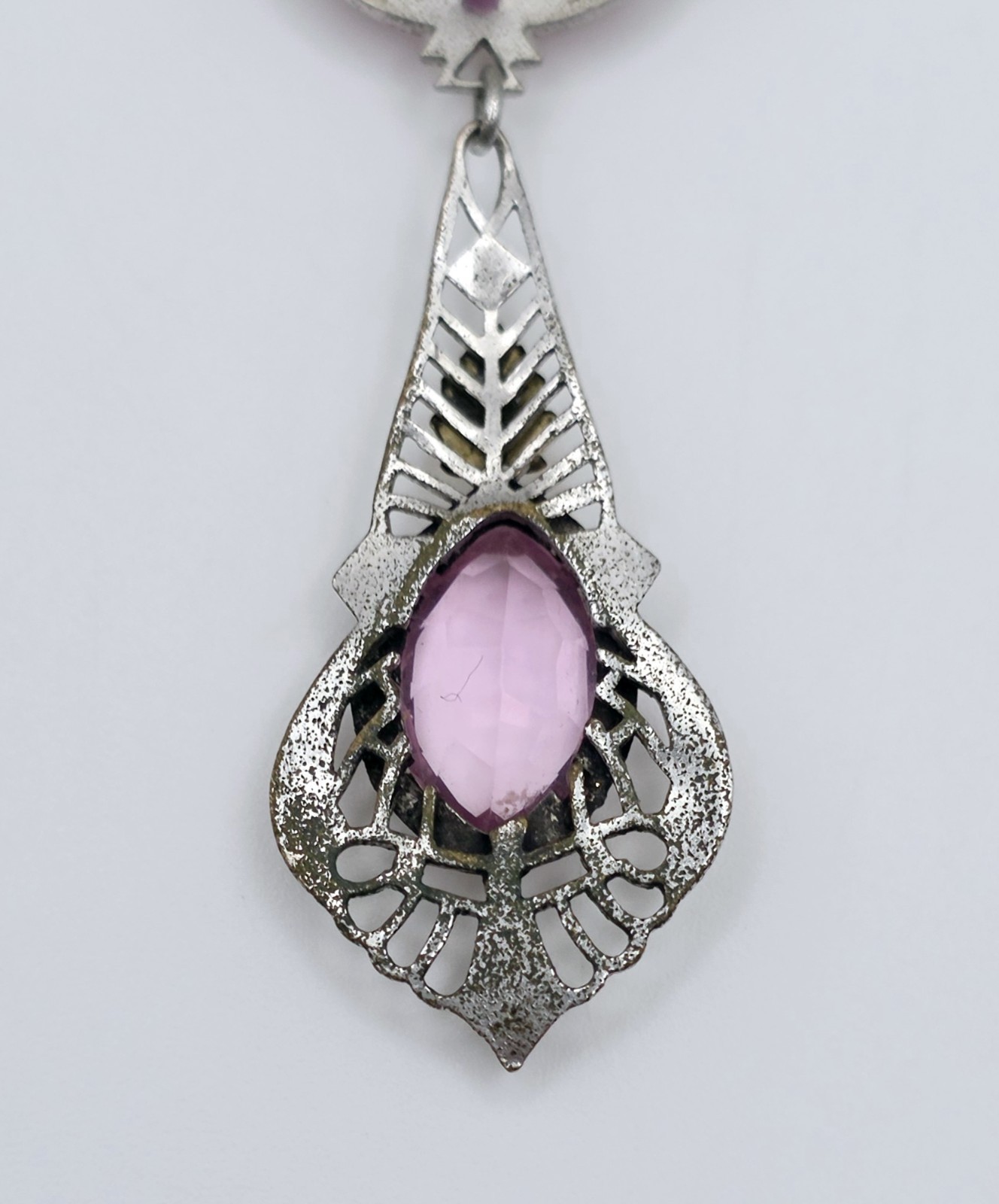 Antique Art Deco Lavalier Pendant Necklace Pink Glass Filigree Edwardian