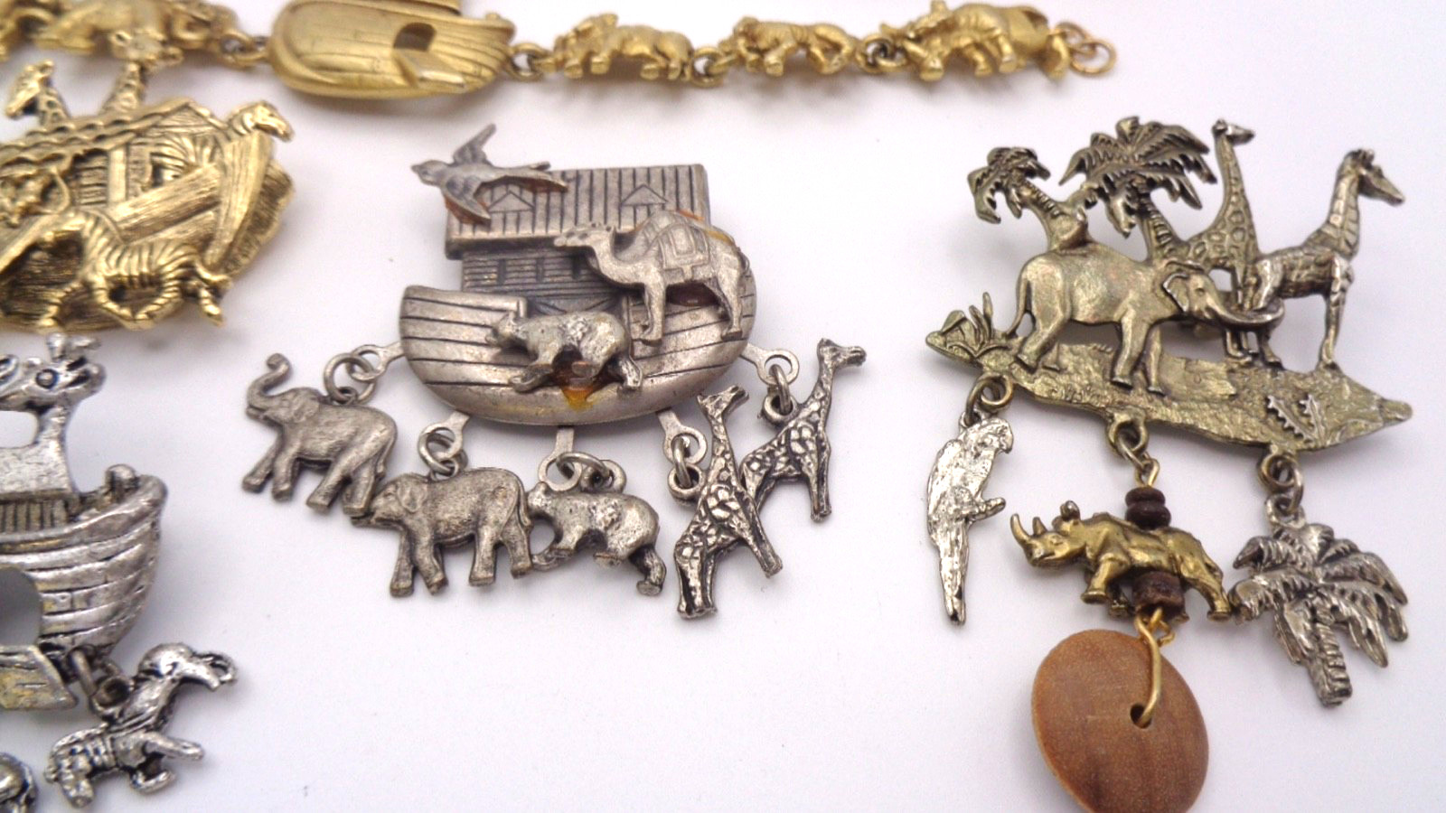 10 Vintage Gold & Silver Tone Noah’s Ark Animal Bracelet Brooch Clip Earring Lot