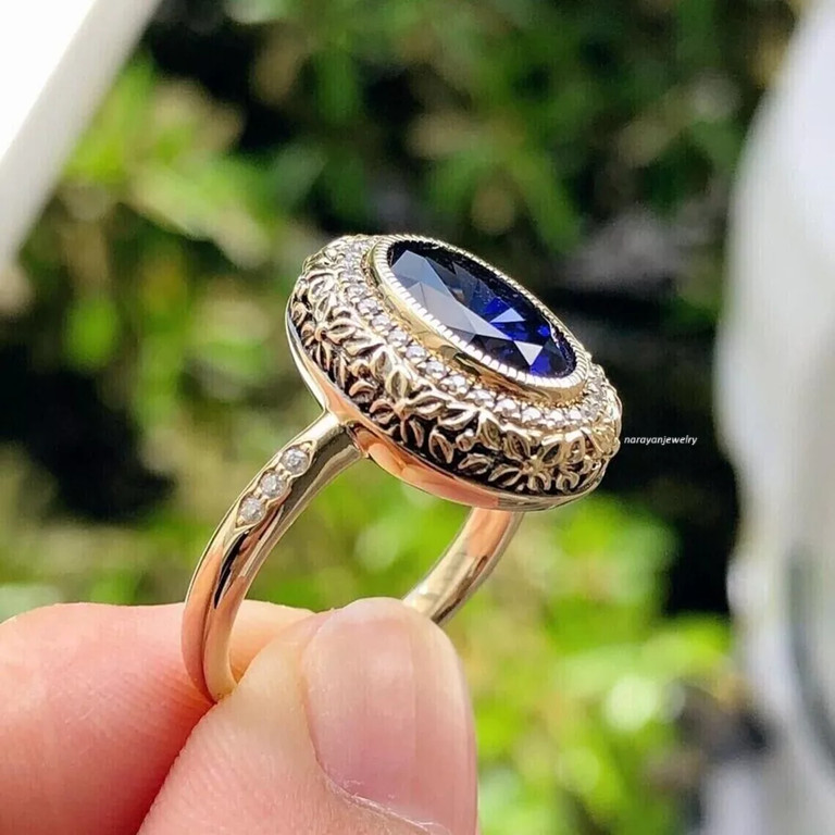 Edwardian 3.00Ct Lab Created Sapphire Halo Wedding Ring 14K Yellow Gold Finish
