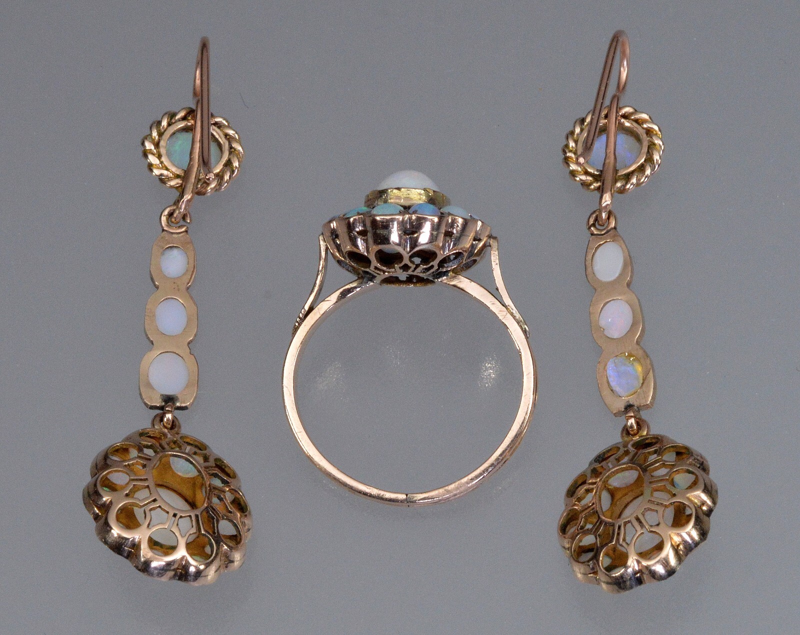 ANTIQUE VICTORIAN 9K GOLD OPAL EARRINGS RING SET C.1890