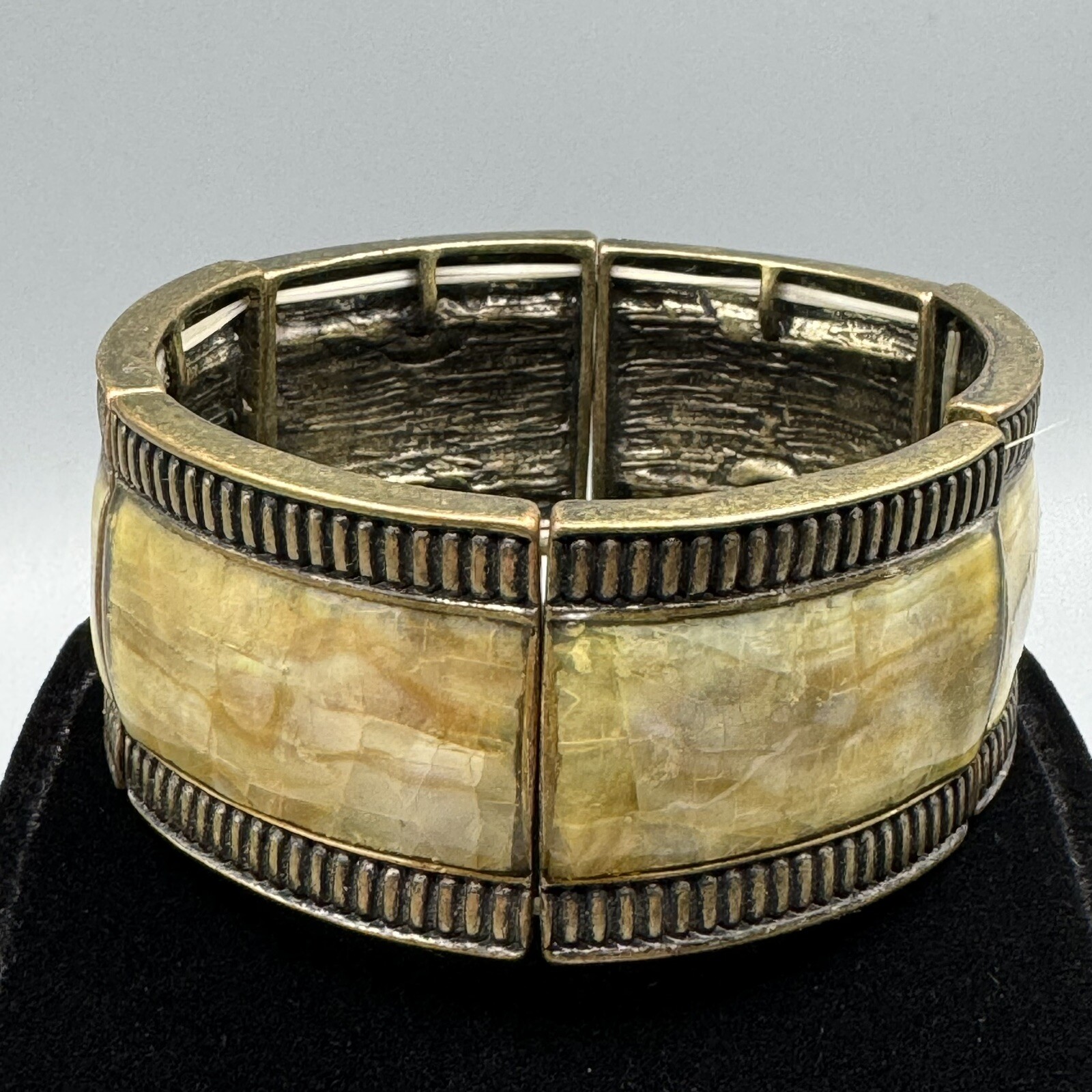 Resin Over Shell Inlay In Brass Colored Panels Stretch Bracelet Size 7 1/2”