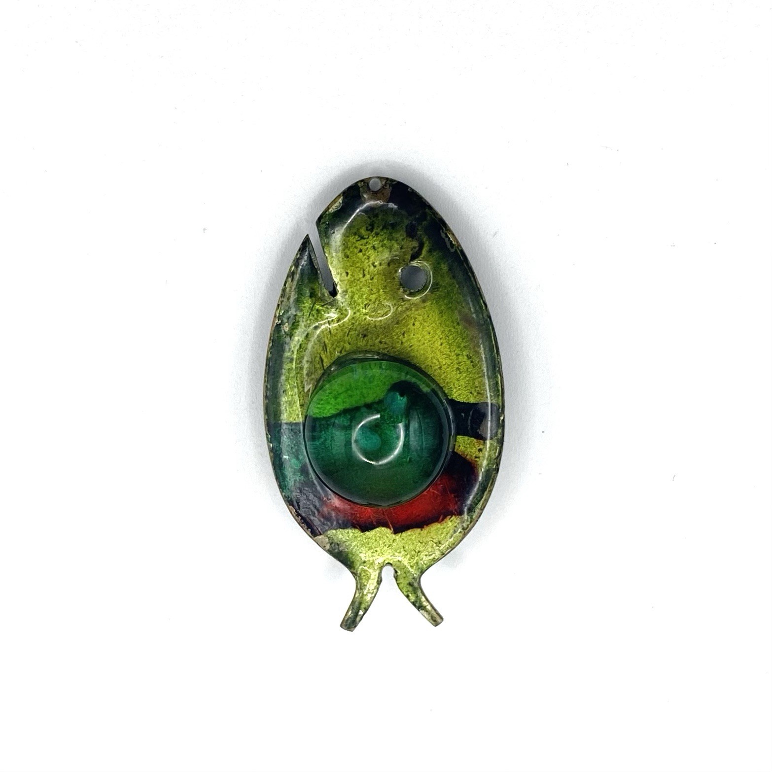 Vintage Modernist Fish Pendant Metal Enamel Art Glass Reversible Charm