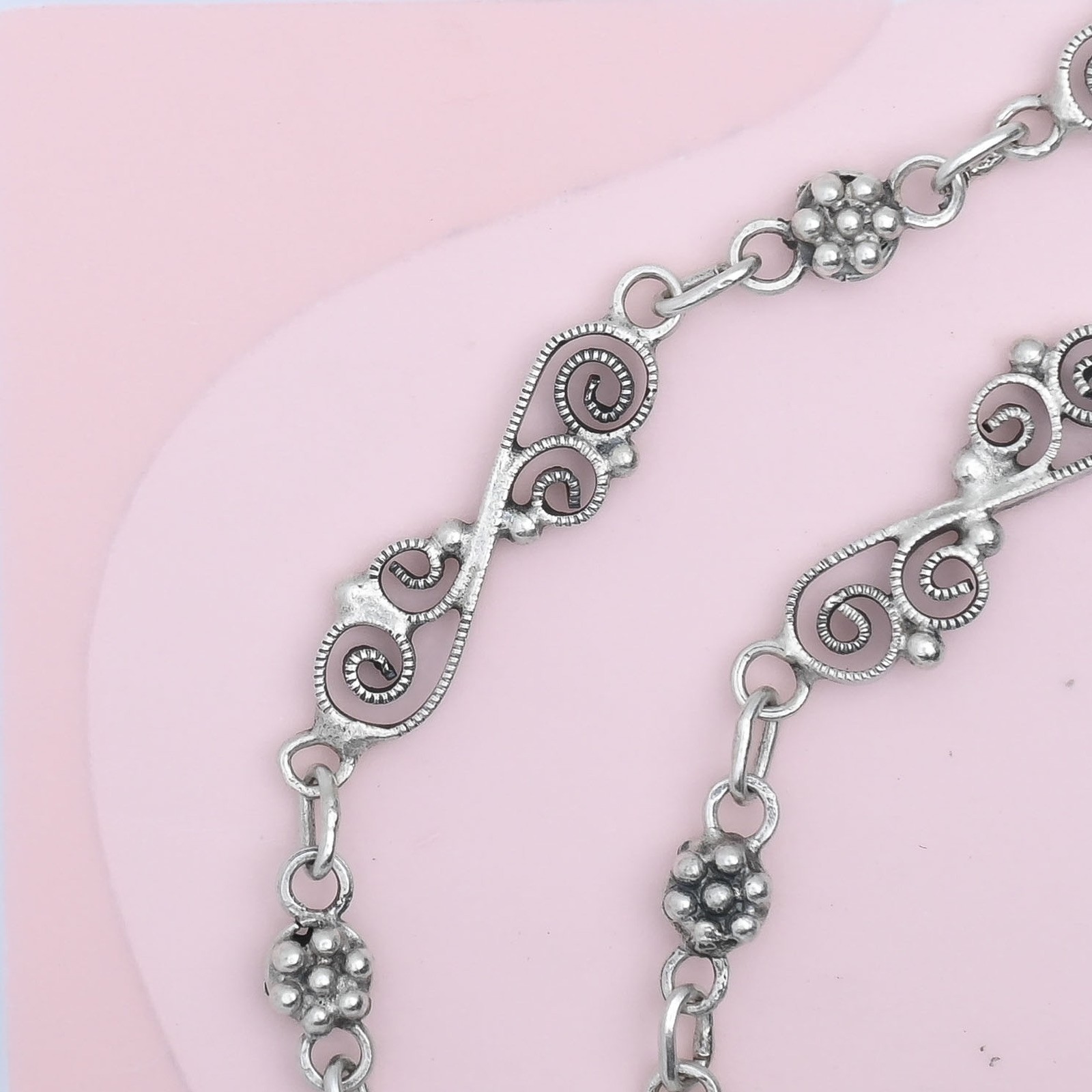Antique Edwardian Millegrain Filigree Flower Sterling Silver 40″ Chain Necklace