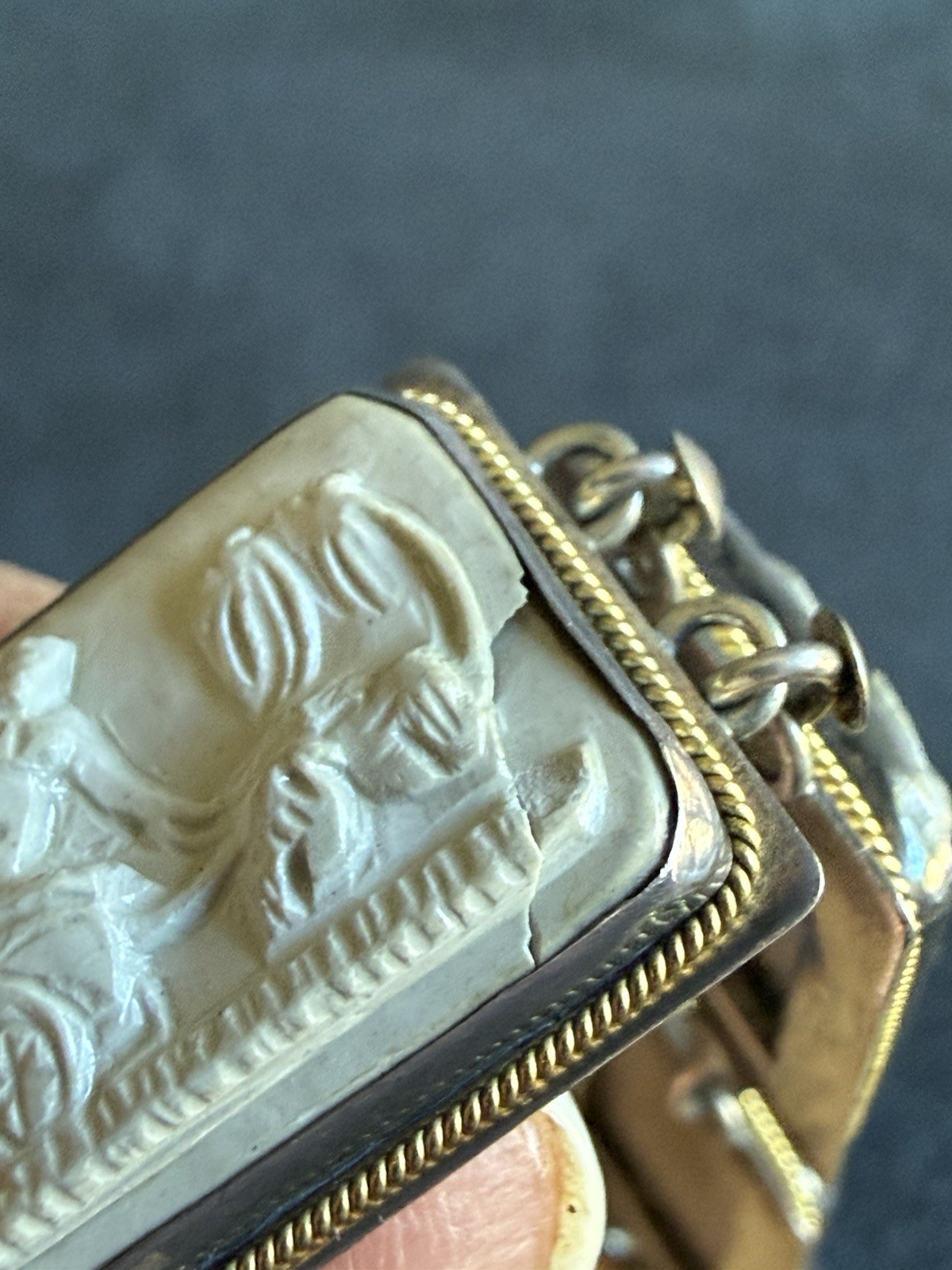 ANTIQUE 800 Silver 14KT GOLD CARVED Cameo SHELL DAYS OF THE WEEK BRACELET As Is