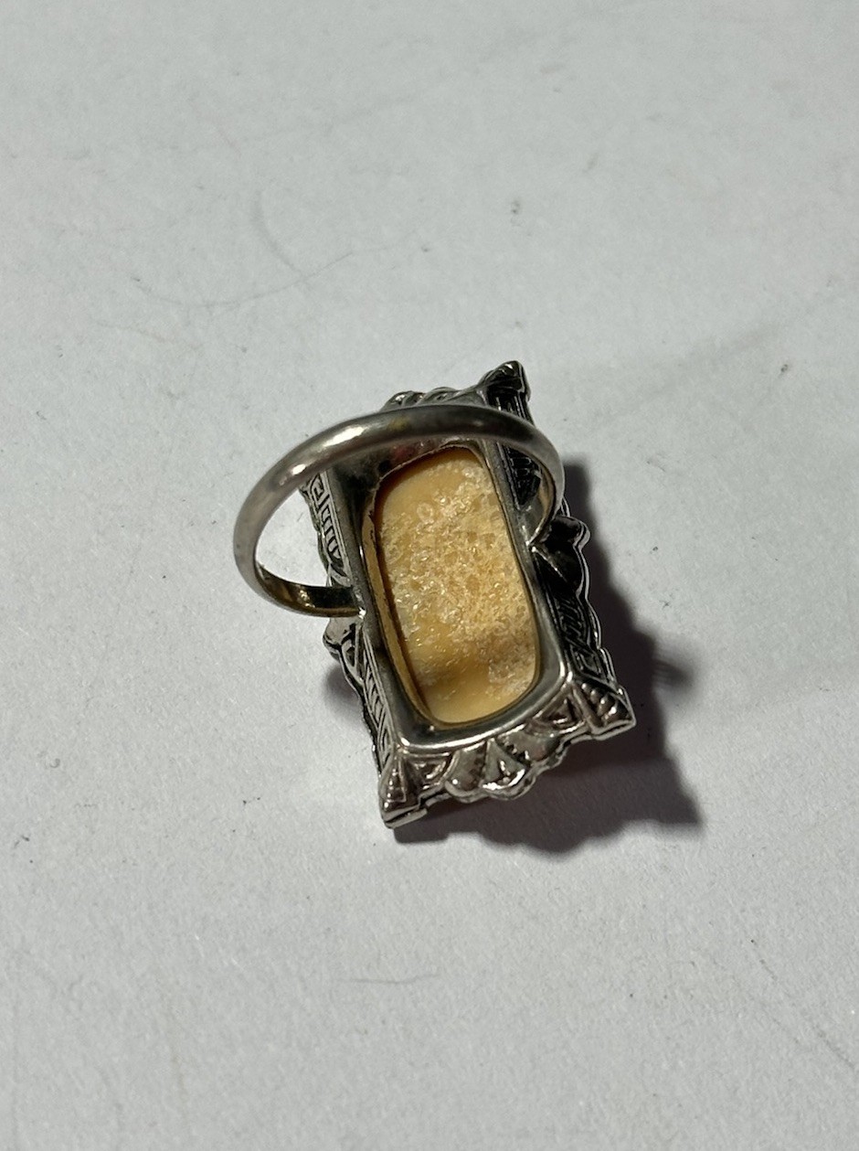 Art Deco Celluloid Rectangle Cameo Marcasite Silver Tone Ring Size 3.5 Uncas Co