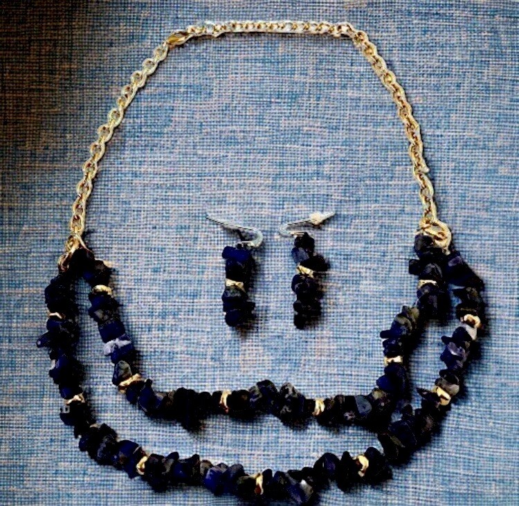 Lapis Necklace & Earring SET Lazuli Blue Natural Gravel Chip Gemstones