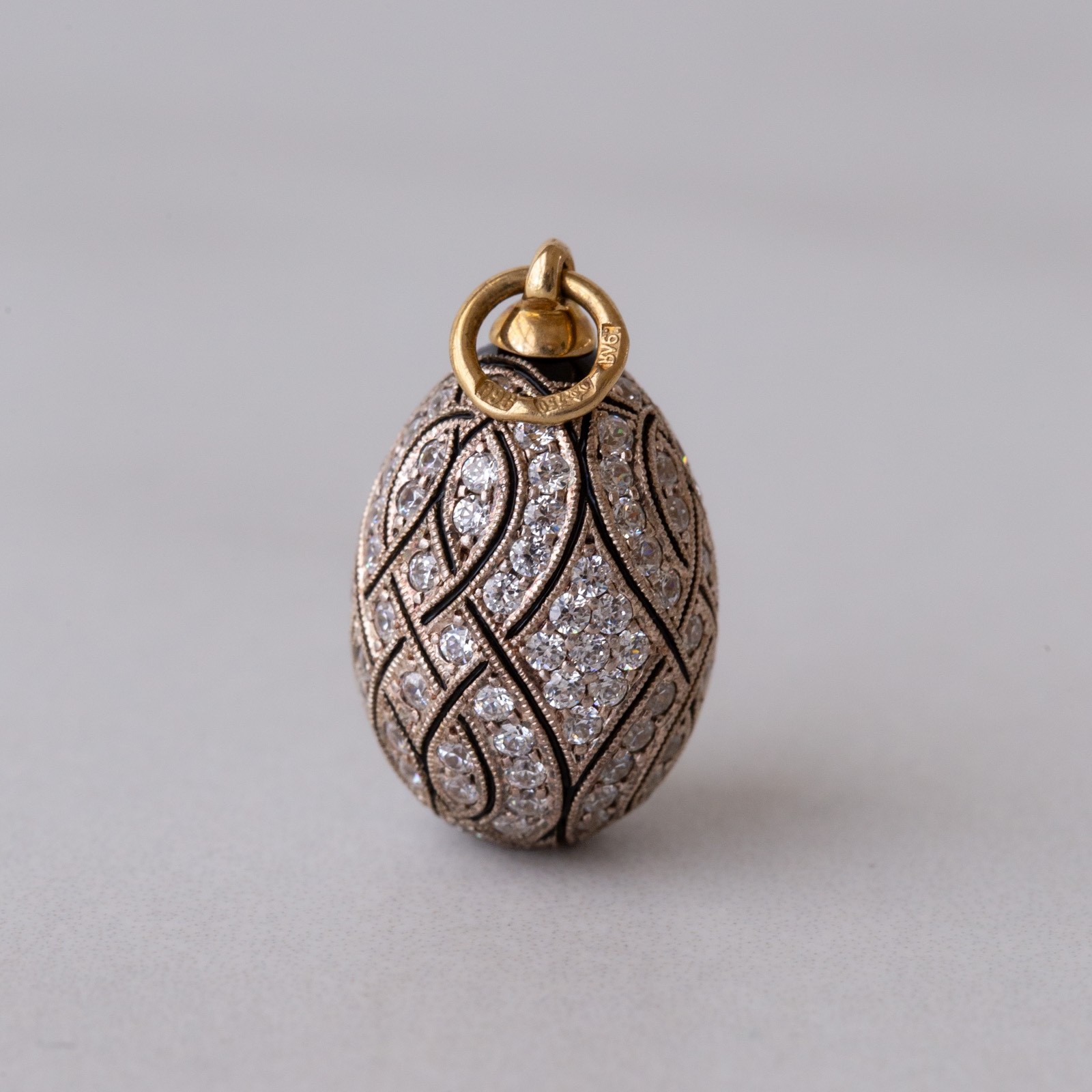 Vintage Soviet Era c.1990 Fully Pavé Enamel Egg Pendant 18k 750 Gold 960 Silver
