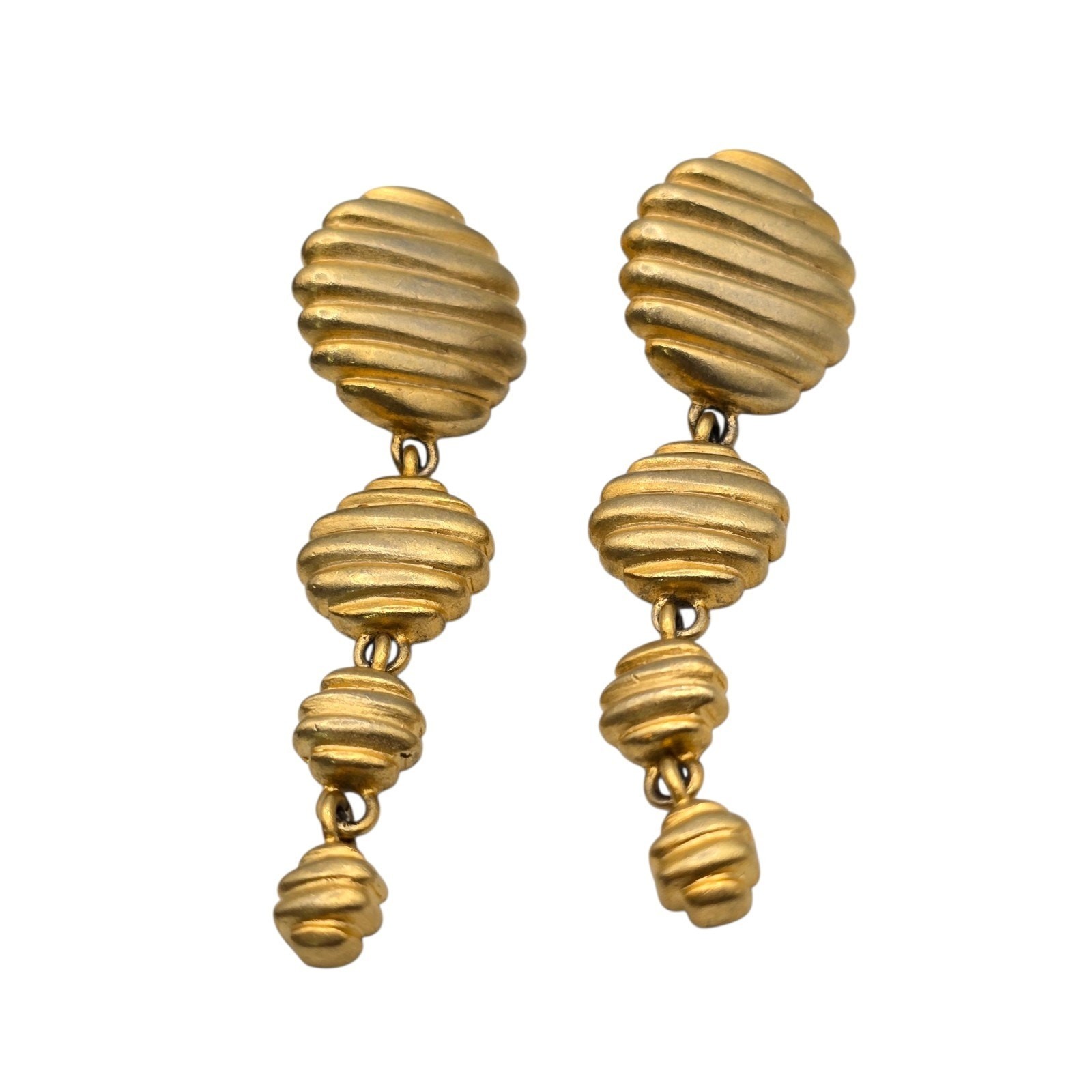 Pierced Earrings Ribbed Design Drop Flattened Dome Bead Gold Tone SKU 2484