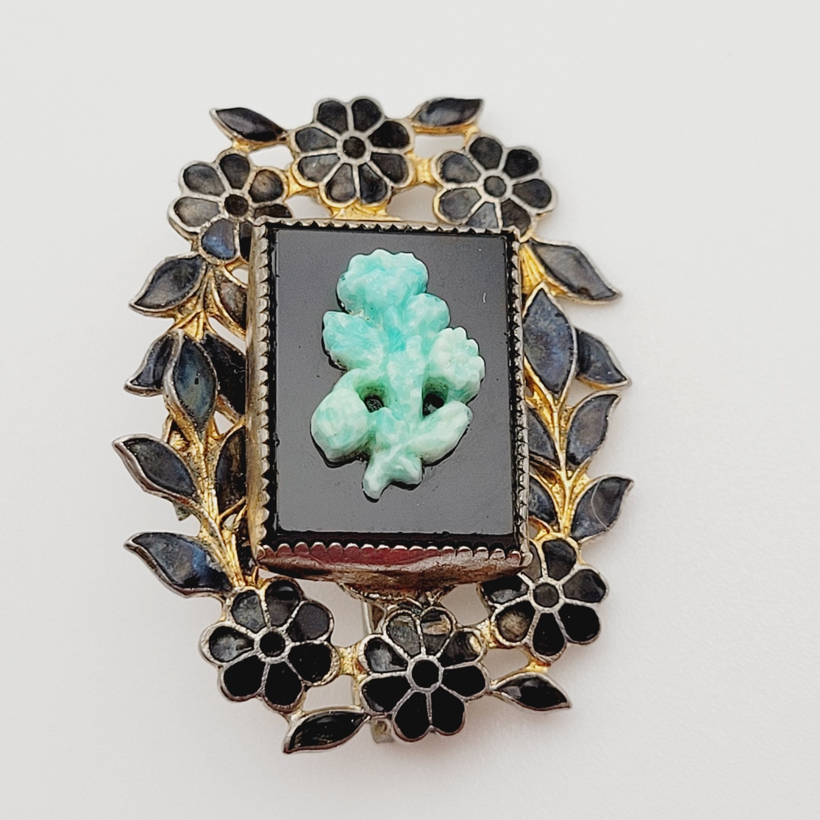 Nouveau Peking Glass Floral Victorian Mourning Brooch Style 1930s Vintage Brooch