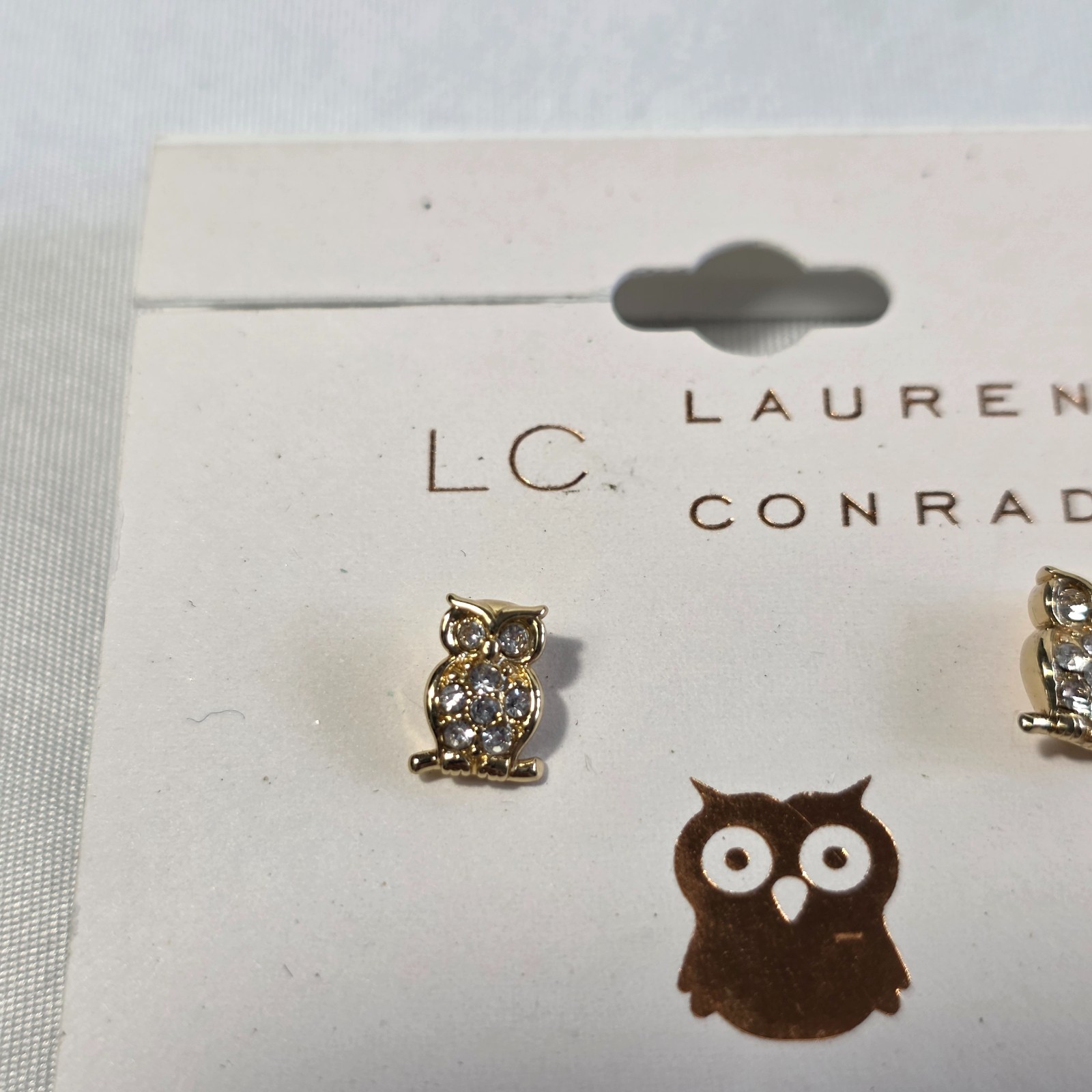 LC Lauren Conrad Owl Stud Earrings Gold Tone White Rhinestone Nickel Free