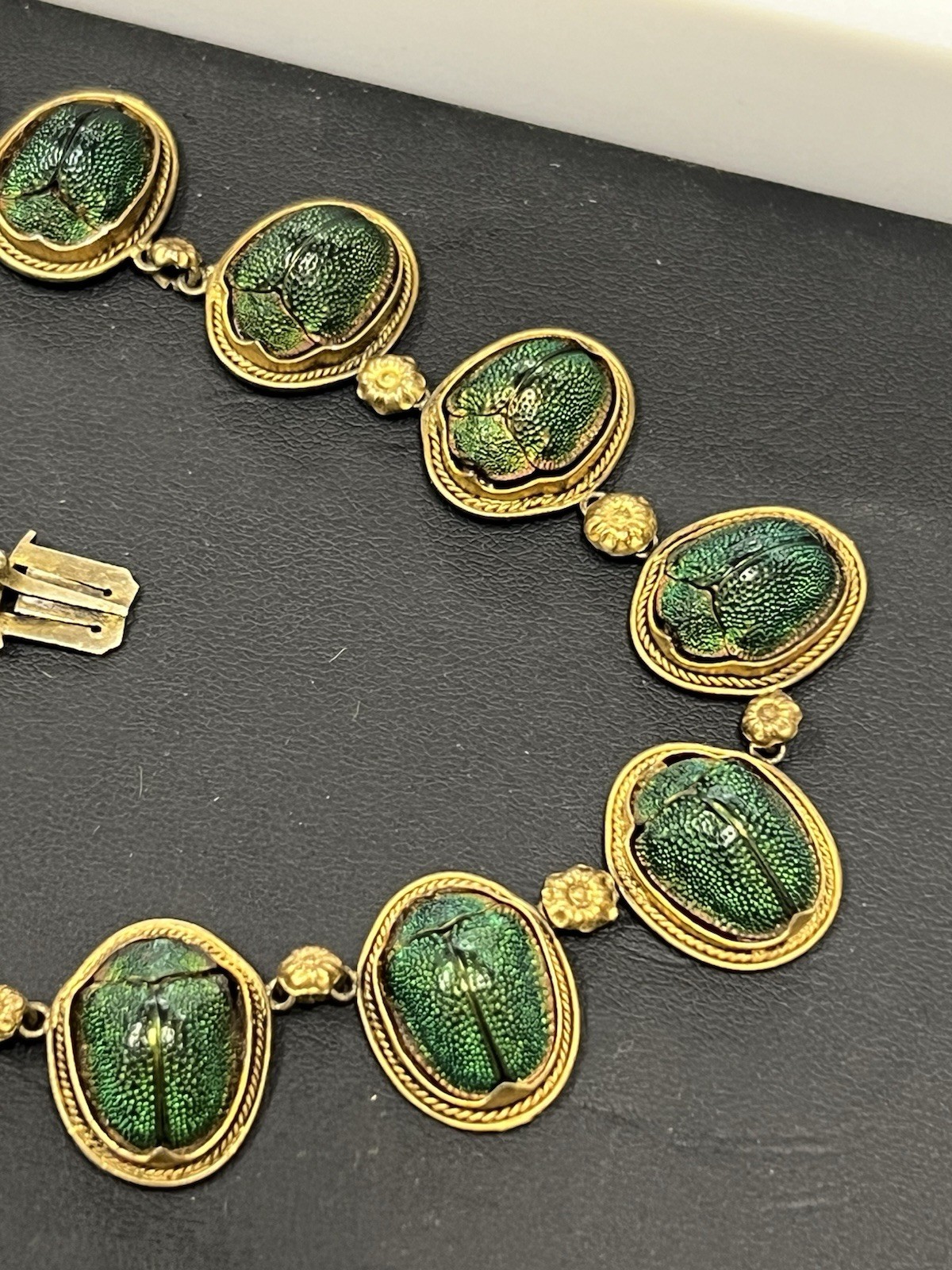 VICTORIAN EGYPTIAN REVIVAL SCARAB BEETLE NECKLACE – GILDED SILVER – 22″ L