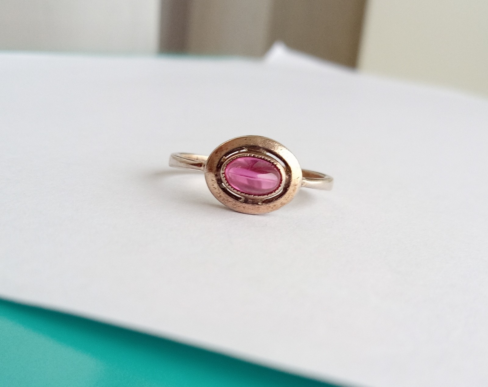 Vintage Ring Pink Cabochon Silver 925 test star USSR time Women Jewelry siz 6.75