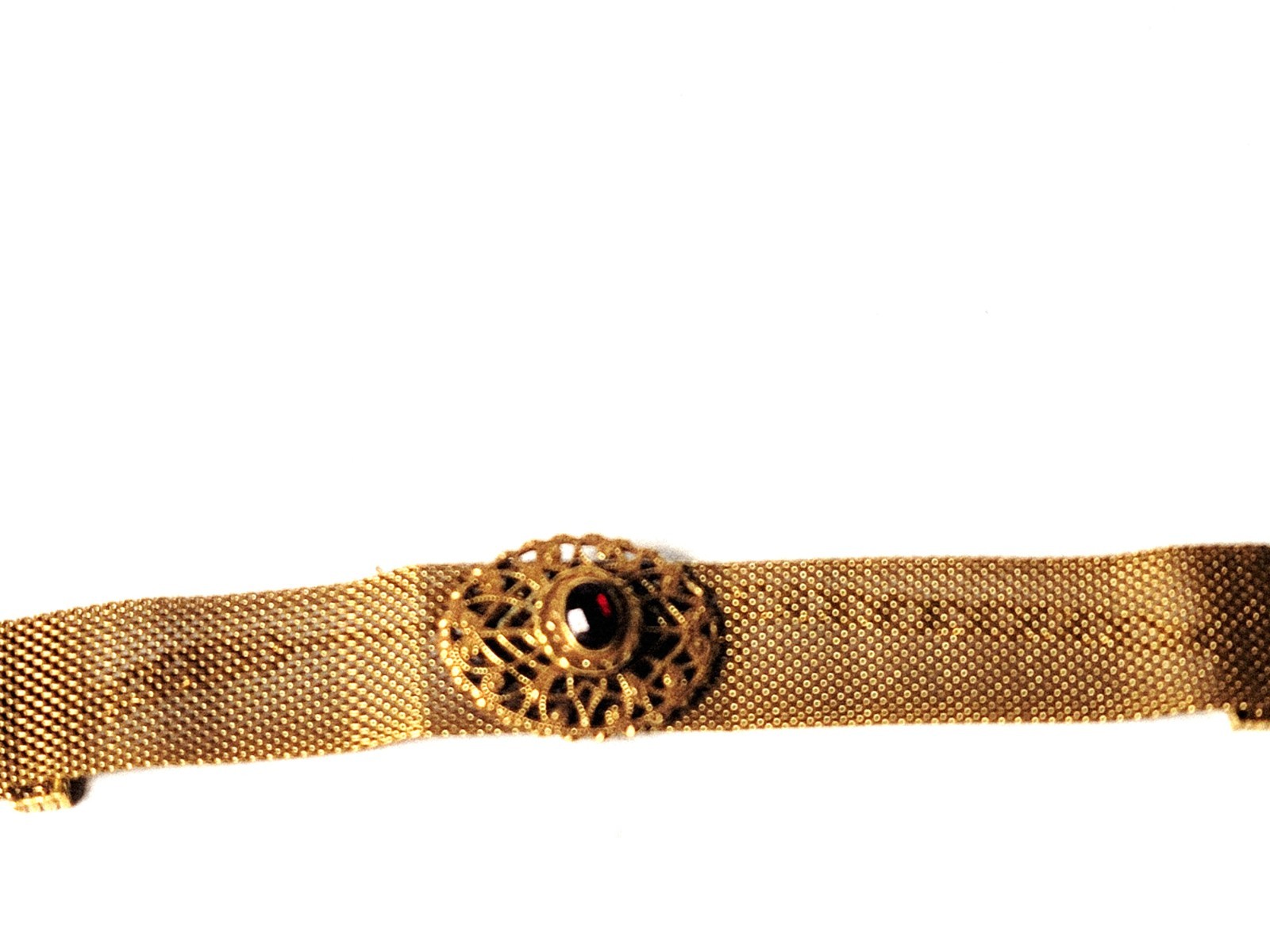 Vintage Mesh Necklace Gold Brass S-Hook Closure Red Stone Center