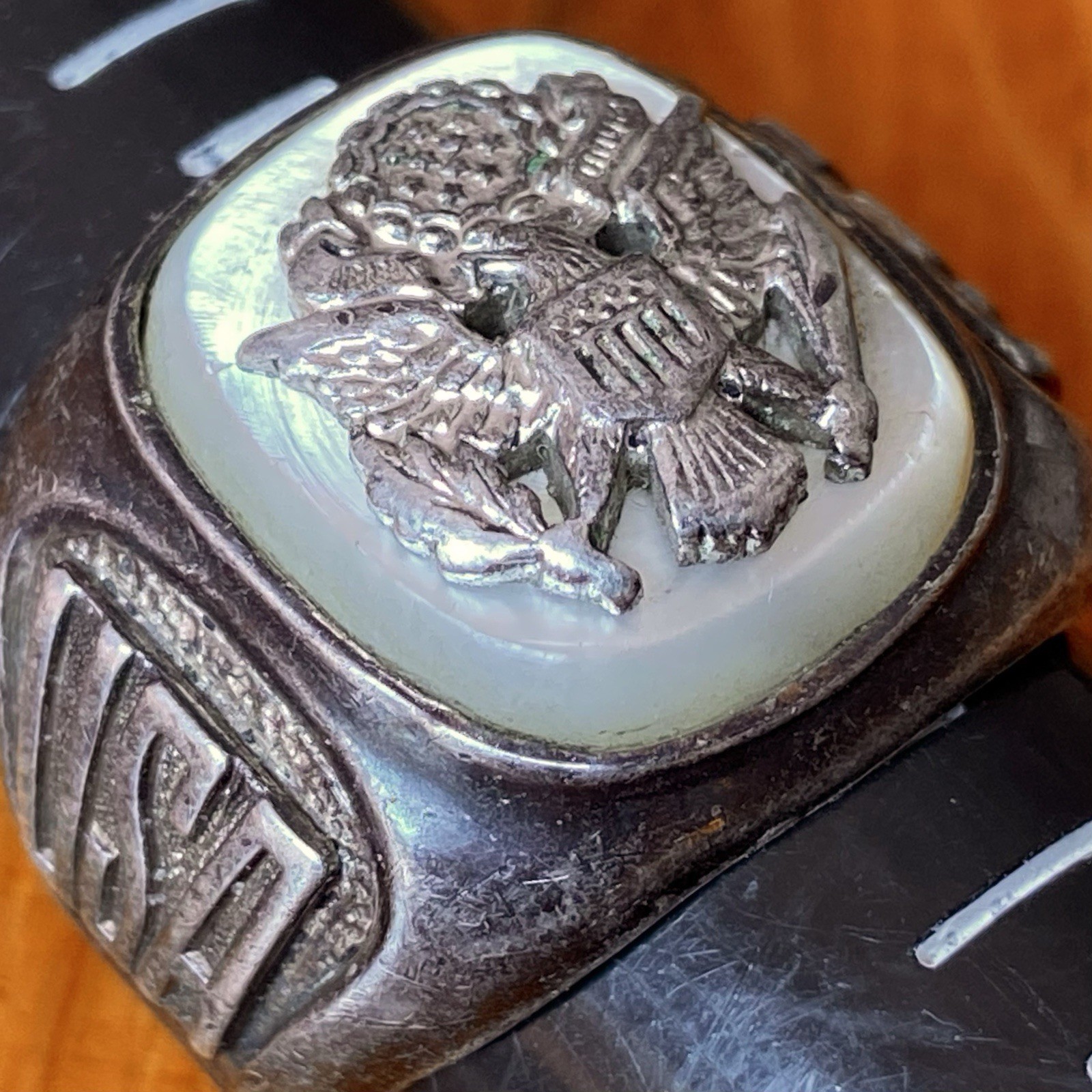 Vtg 40’s C&C Sterling Silver US Army Ring WWII 925 Mother of Pearl sz 10.5 ~READ