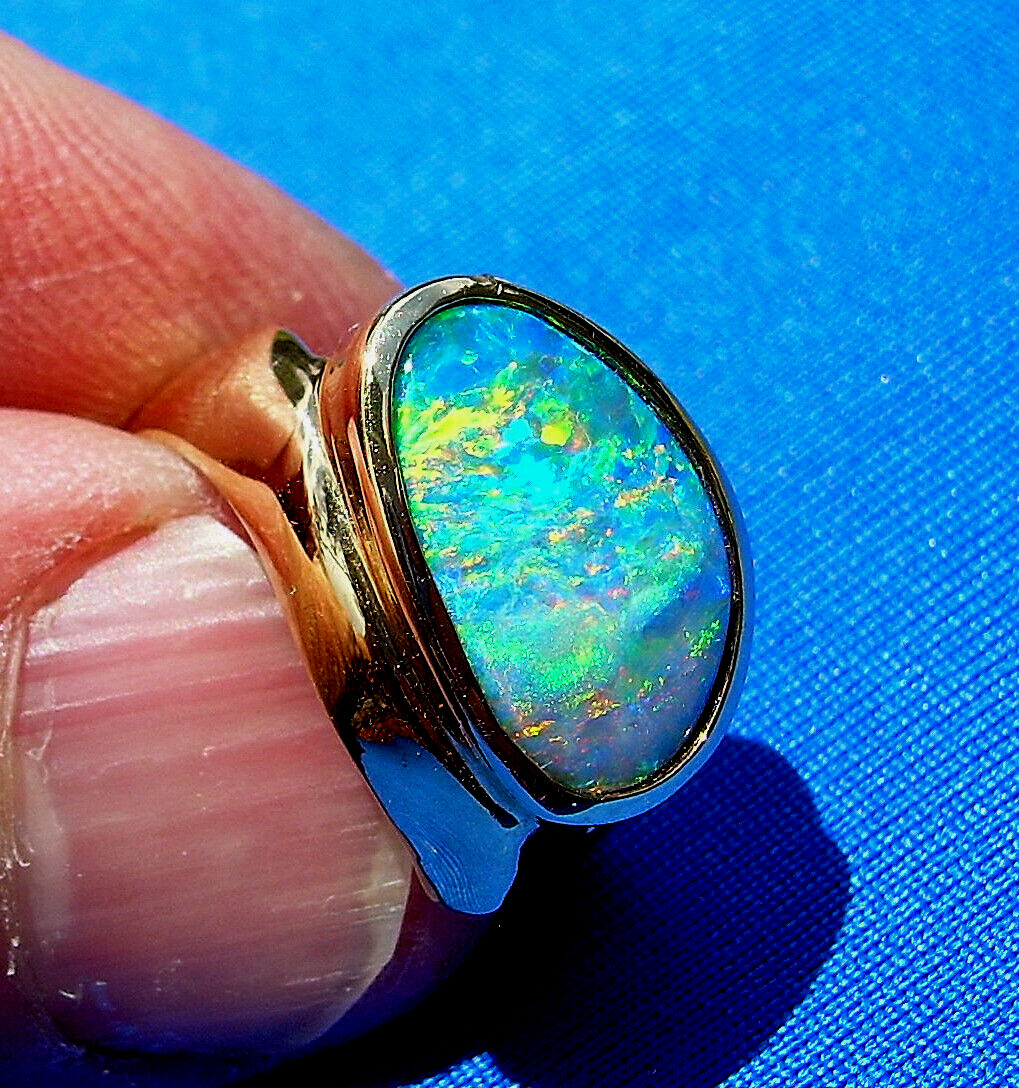 Original EARTH MINED Black OPAL Deco Ring Designer Hand made SOLID 14K GOLD 6.25